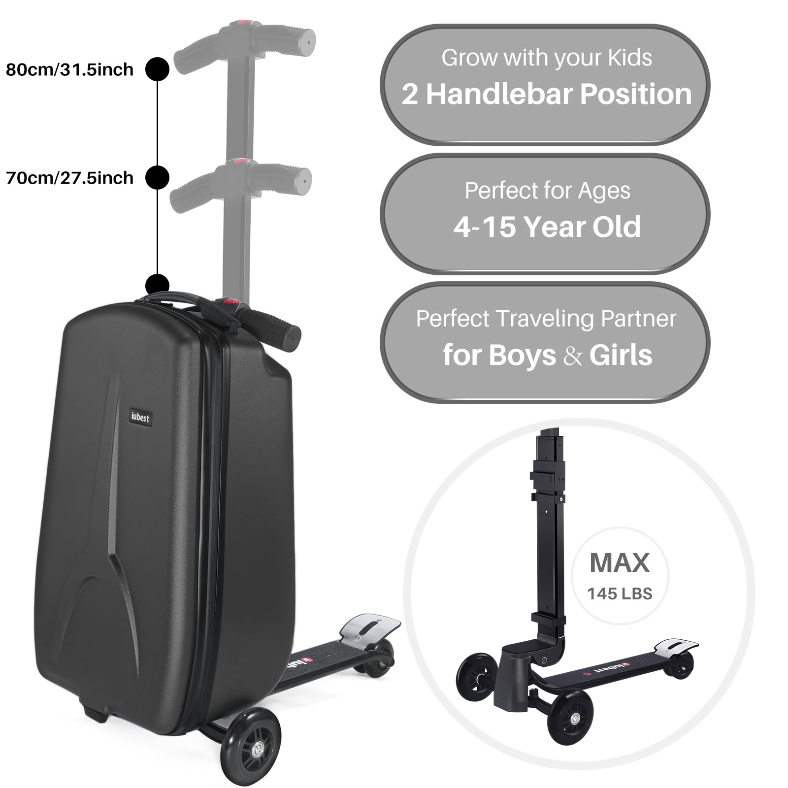 iubest 4-in-1 Detachable Foldable Scooter Luggage for Kids Age 4-15 | Ride On Travel Trolley & Carry On Suitcase Combo - Black | Perfect for Airports, Theme Parks & Family Vacations