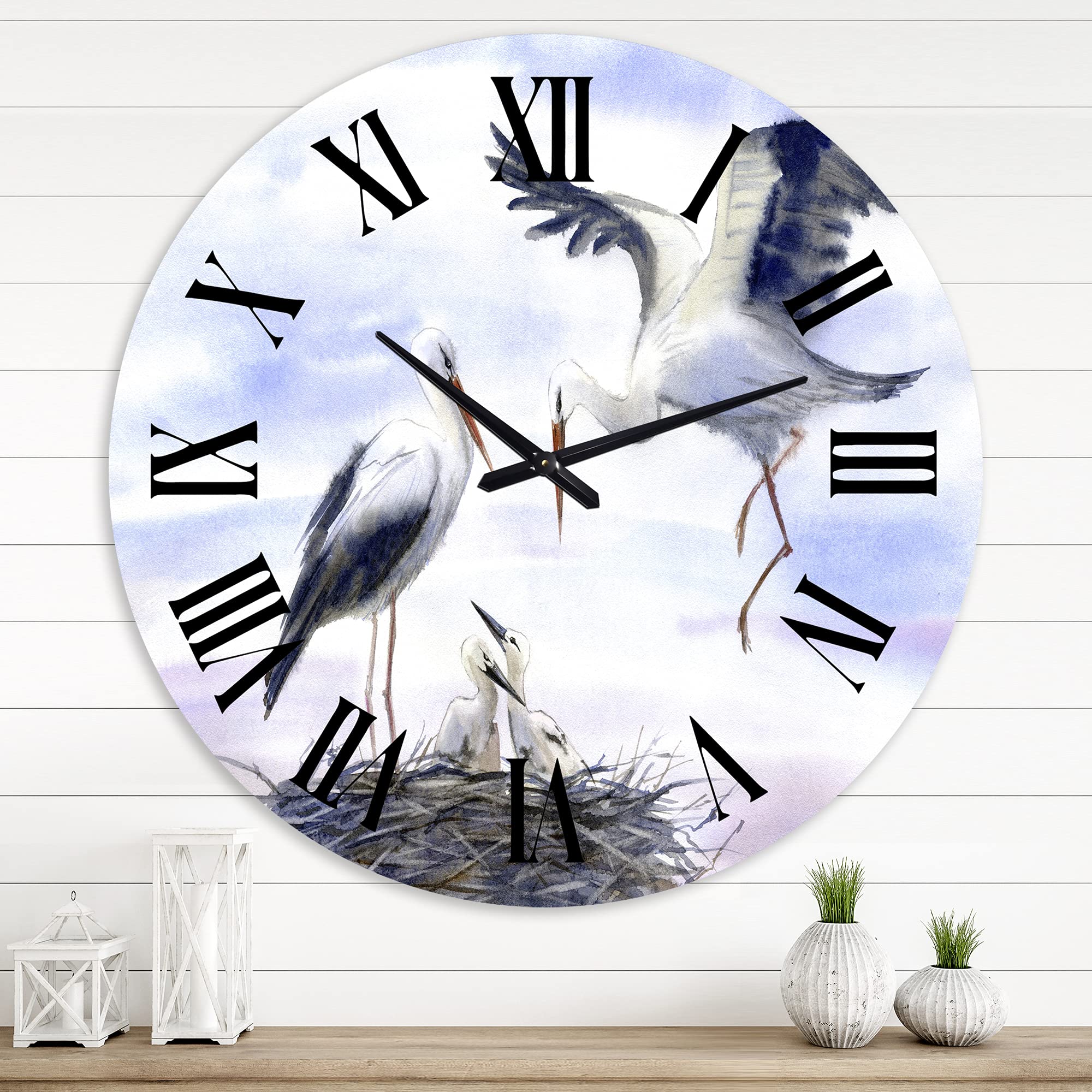 Farmhouse Wall Clock 'Storks in The Nest' - Large Rustic Wall Clock with Animal Design - Perfect for Home, Office & Living Room Decor - Silent Non-Ticking Clock for Bedroom & Kitchen
