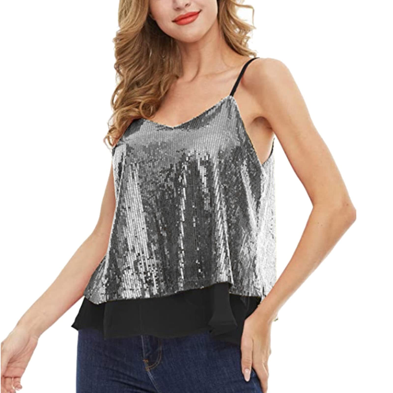 Women's Sexy V-Neck Cami Top with Suspenders & Sequins - Solid Color Stitched Vest for Casual Wear, Night Out, and Party Outfits