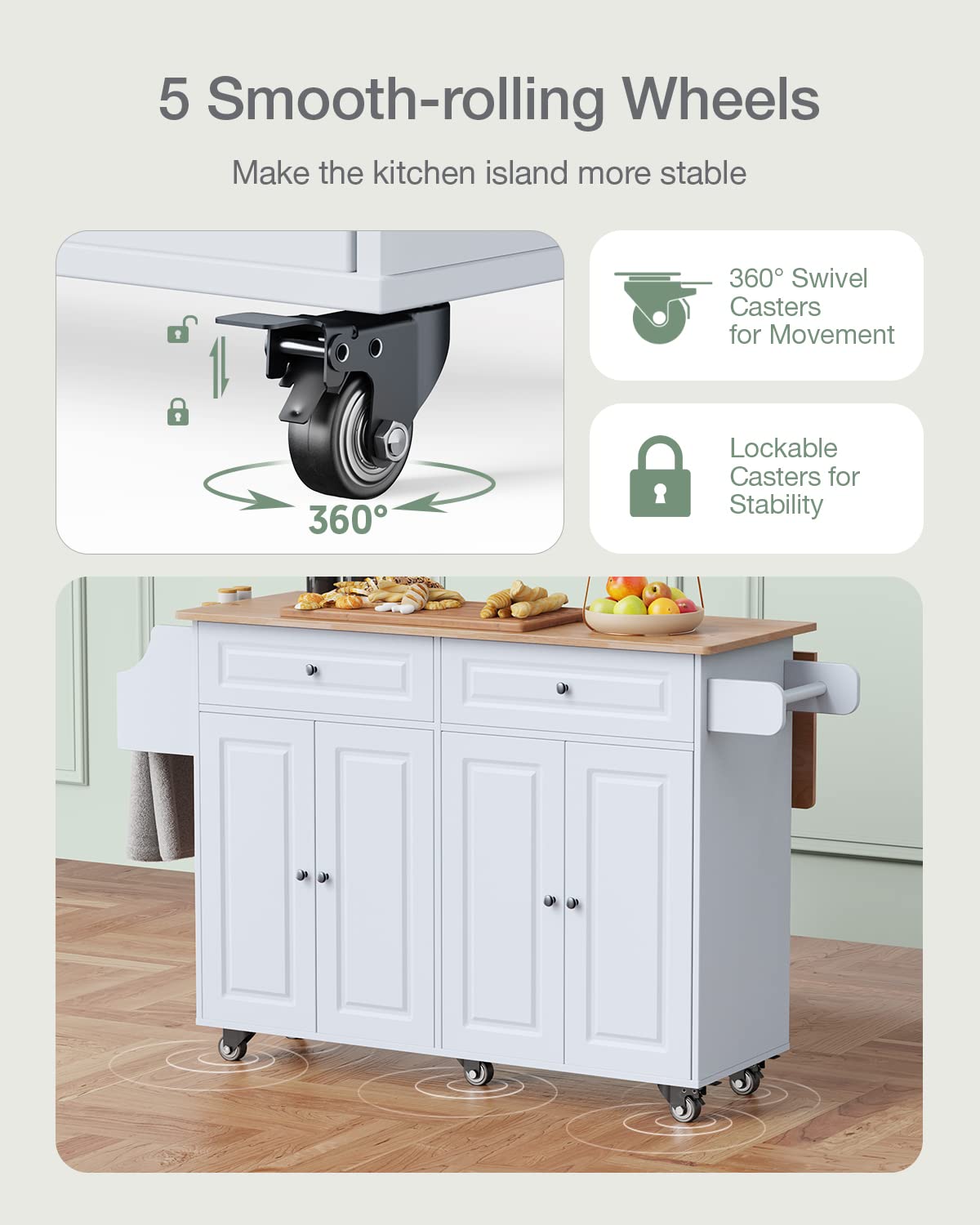 Rolling Kitchen Island Cart with Natural Rubber Wood Top - Mobile Kitchen Cart with Double Storage Cabinets & Drawers - White Kitchen Workstation for Small Spaces & Apartment Cooking