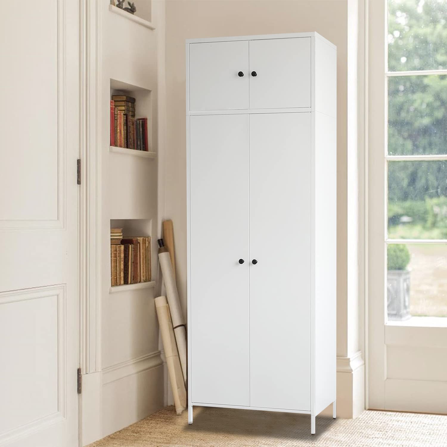 BESFUR Freestanding Wardrobe Closet - White Metal Armoire with Adjustable Hanging Rod & Storage Cabinet (20