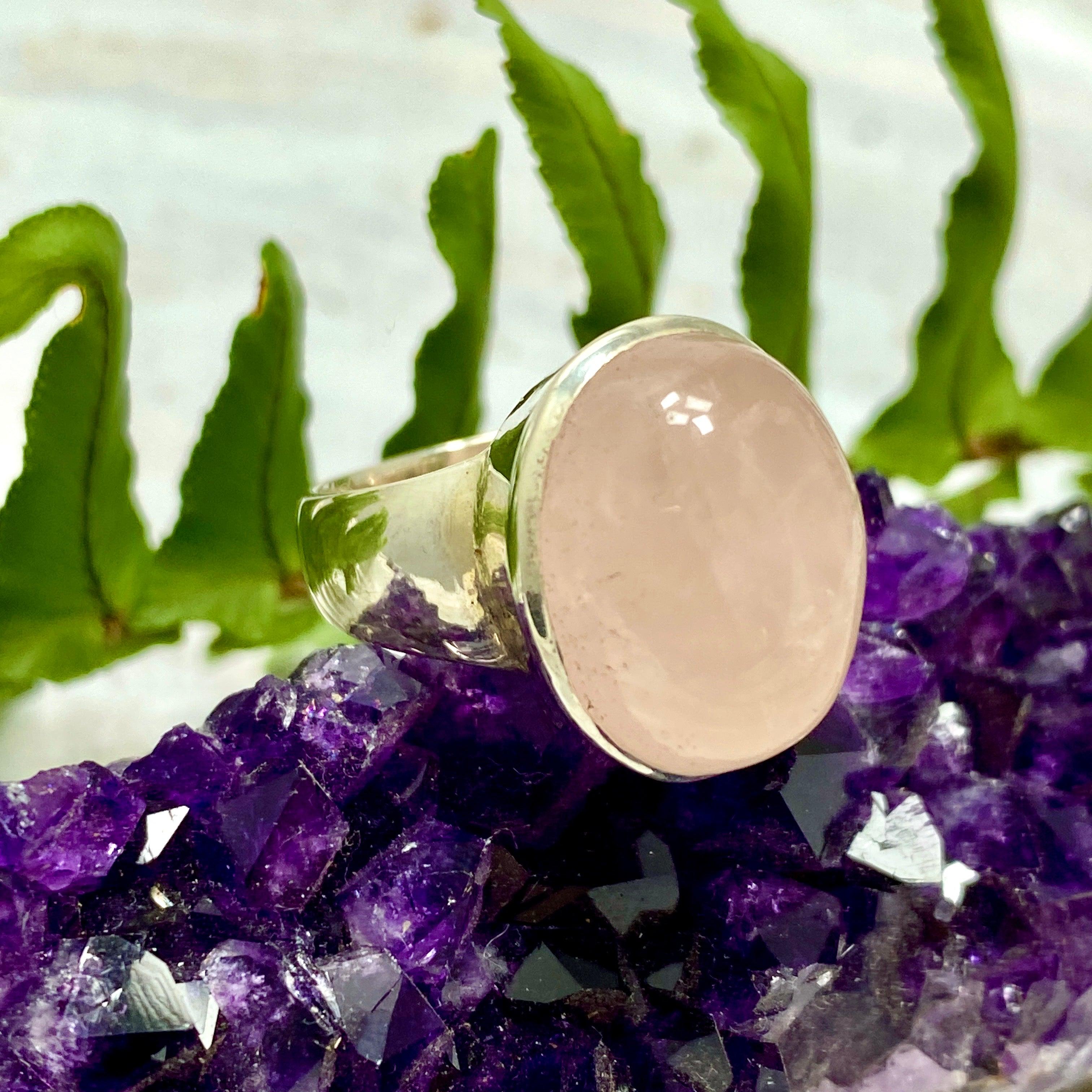 Rose Quartz Oval Cabochon Ring Size 7 - KRGJ2041 | Healing Crystal Jewelry for Meditation & Spiritual Balance