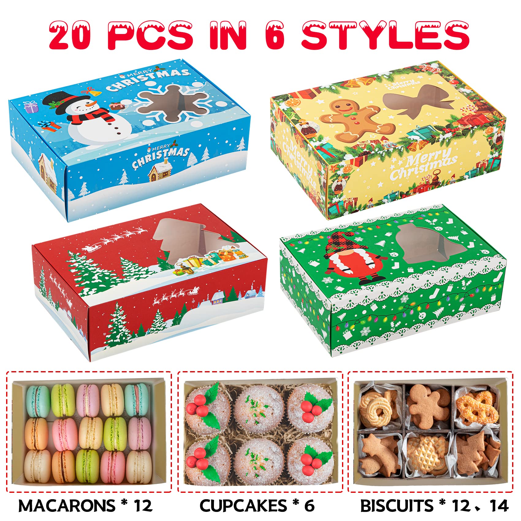 MISS FANTASY Christmas Cookie Gift Boxes 20 Pack - Frosted Holiday Treat Containers with Window for Cookie Exchange, Candy, Baking - Perfect for Holiday Parties, Office Gifts & Christmas Treat Sharing