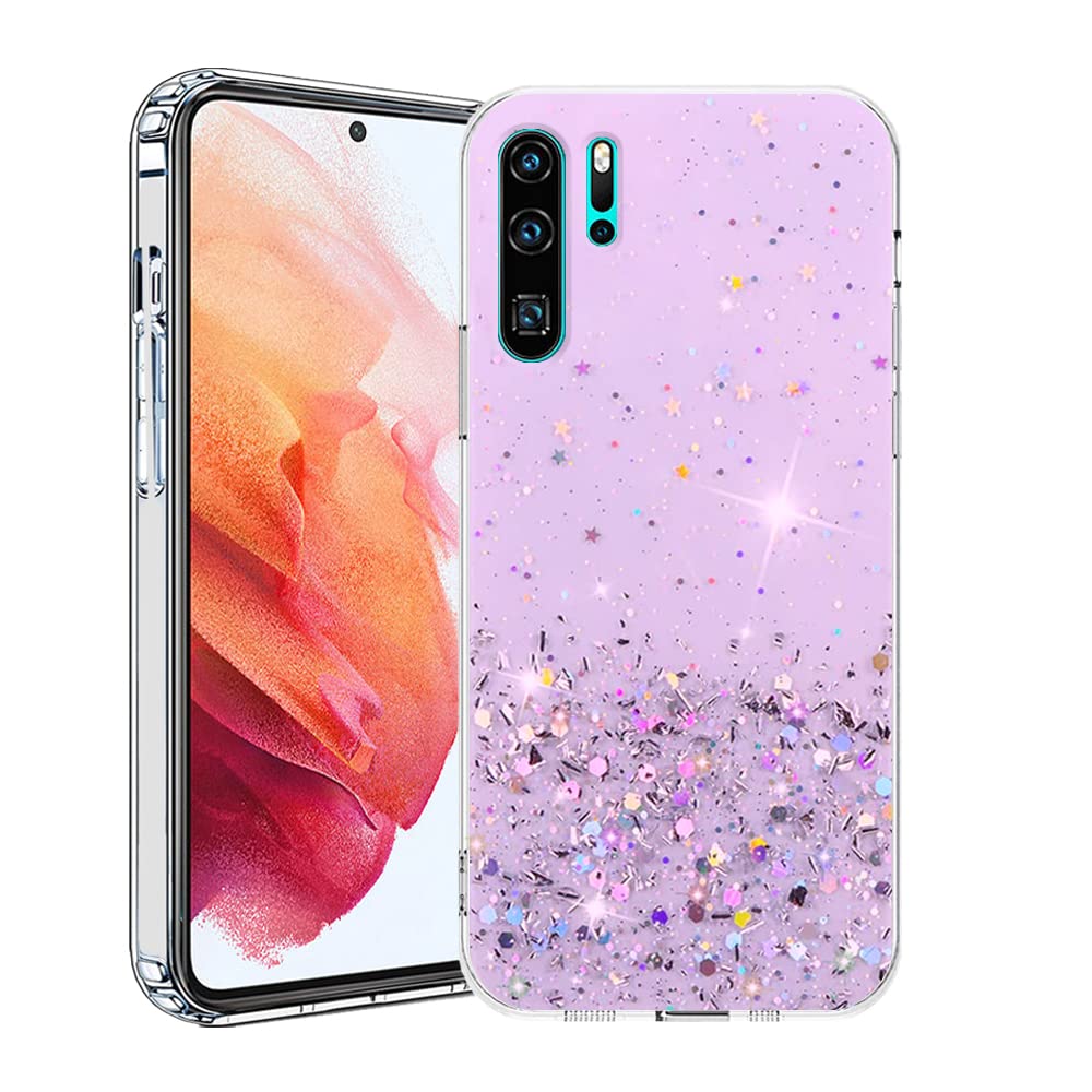 Huawei P30 Pro Case - Clear Glitter Sparkly Shockproof Silicone Protective Phone Cover | Slim & Cute Design | Perfect for Everyday Use, Work & Travel (Purple)