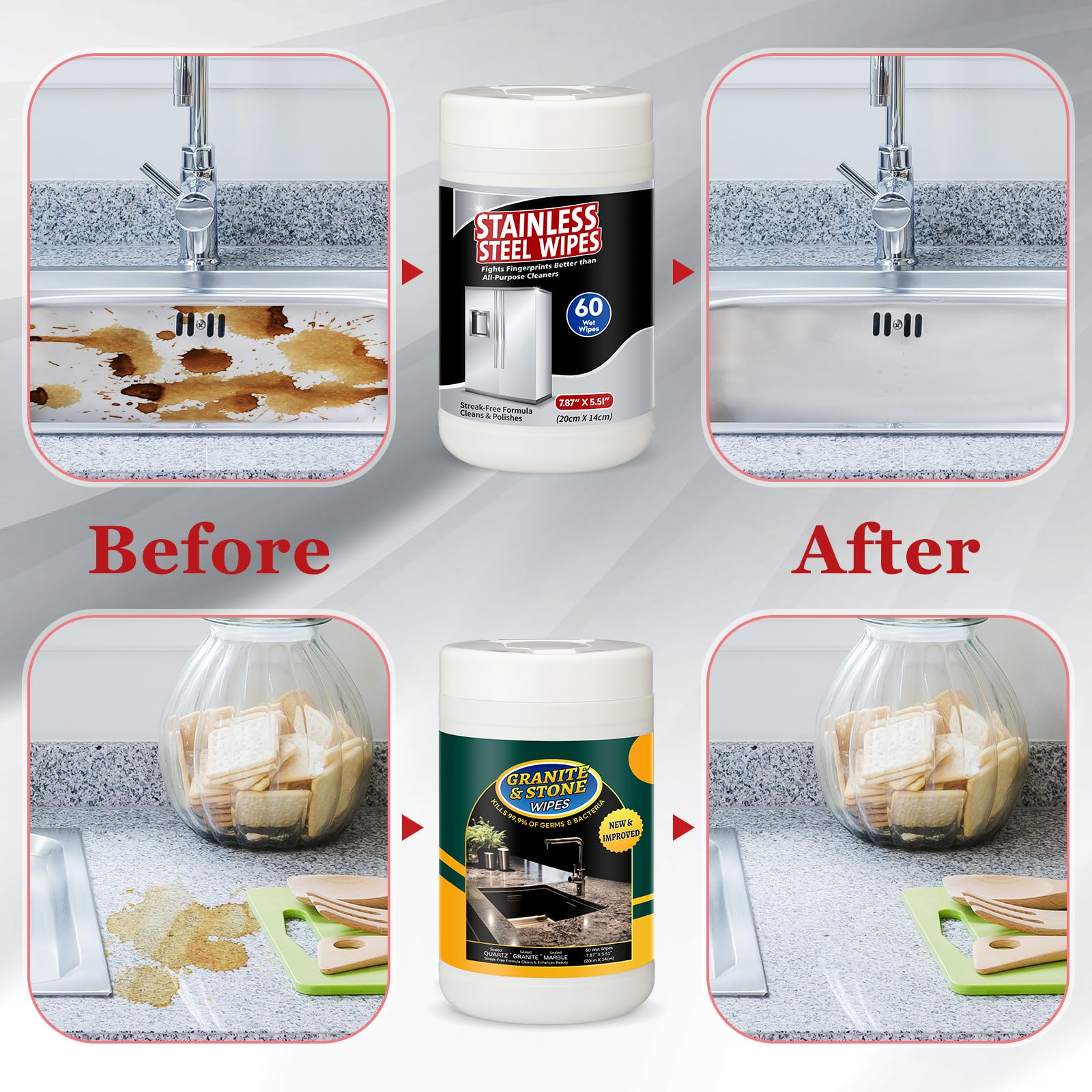 4 Pack Granite Cleaning Wipes (240 Count) – Stainless Steel & Quartz Countertop Cleaner, Refrigerator & Appliance Polishing Cloths – Ideal for Kitchen, Dining Room & Home Cleaning Supplies