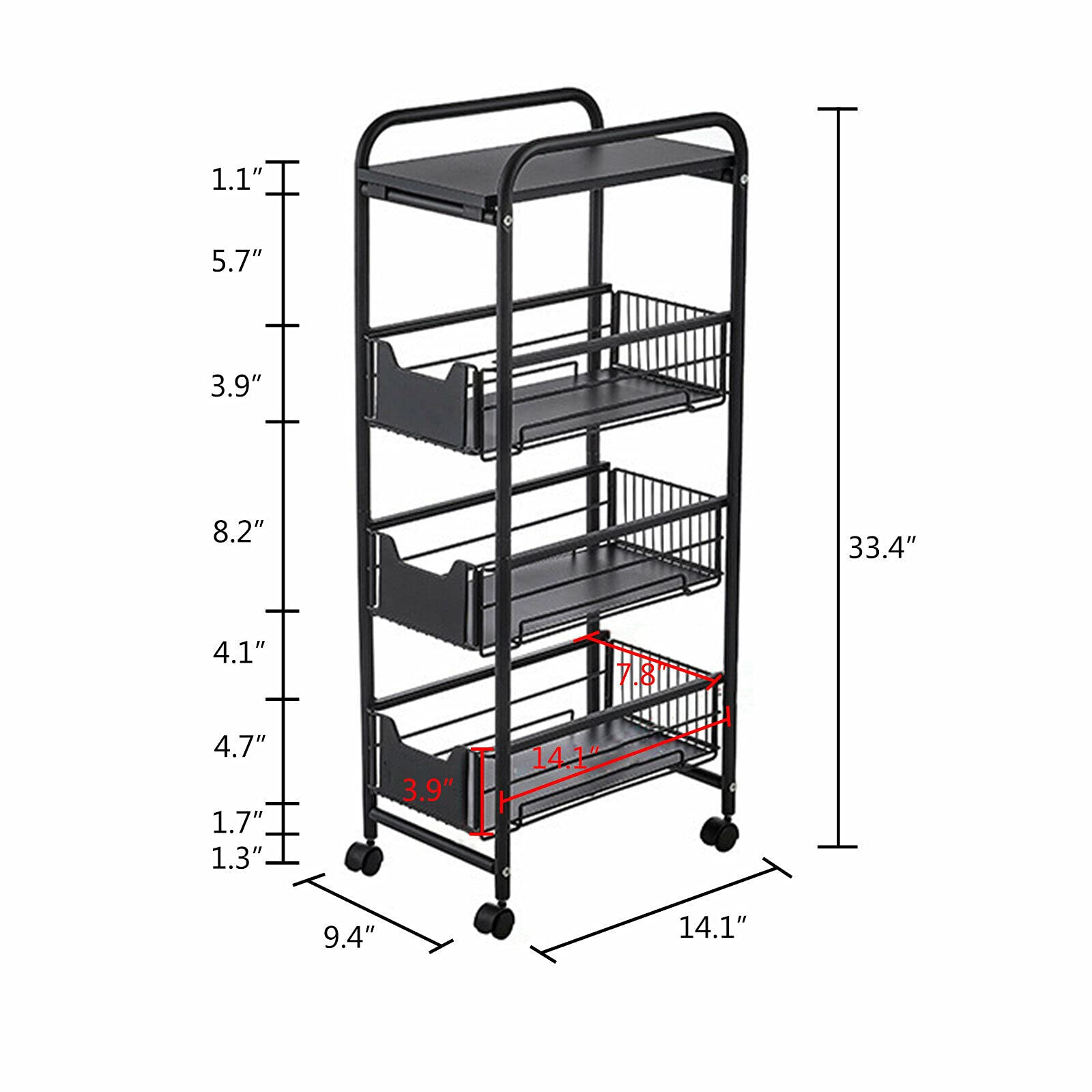 4-Tier Metal Rolling Storage Cart with Wheels & Handle - Slim Narrow Organizer Tower for Kitchen, Bathroom, Laundry - Mobile Utility Shelving Unit for Spice Racks, Pantry Storage & Bathroom Essentials