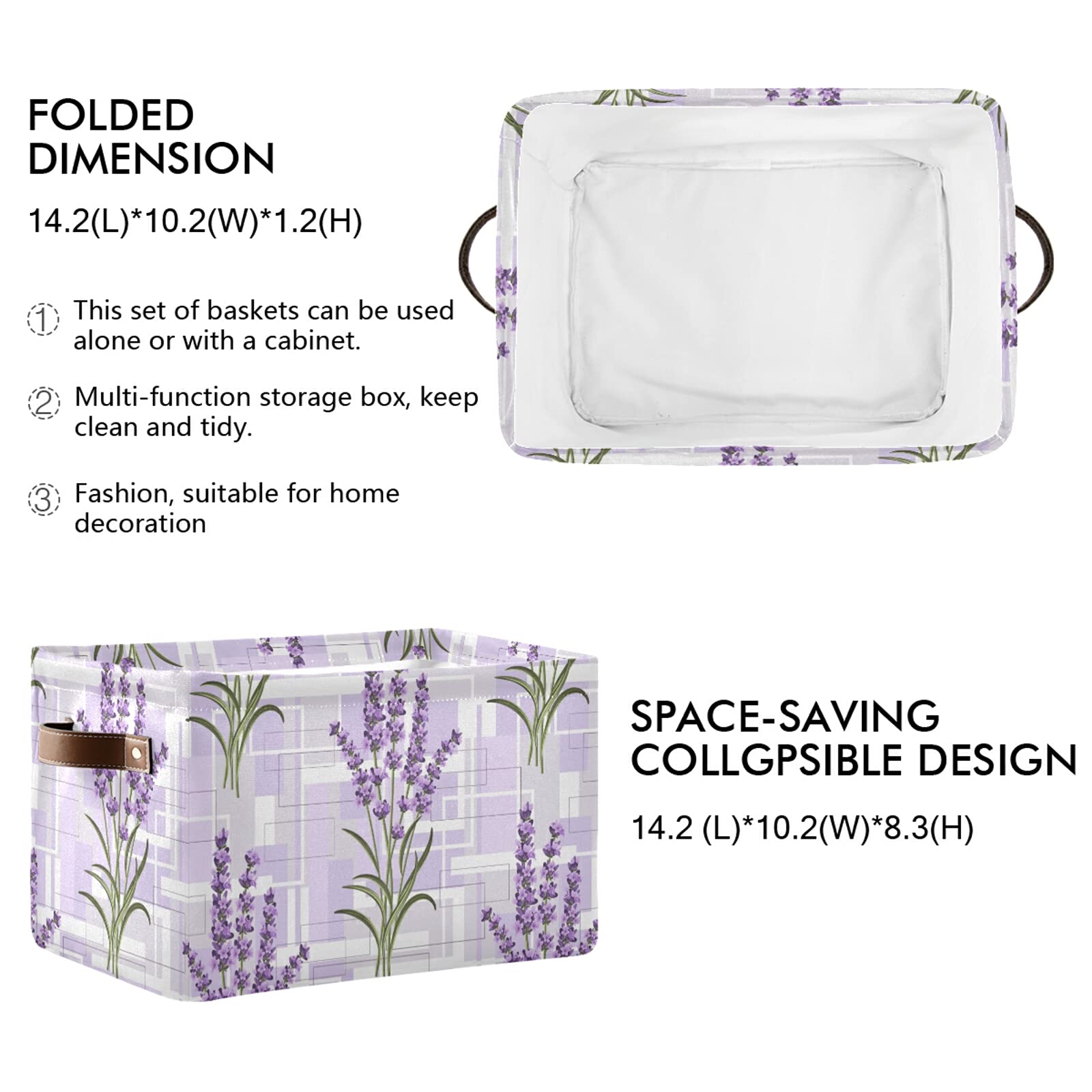 Purple Lavender Floral Foldable Storage Bin with Handles - Collapsible Fabric Storage Basket Cube for Organizing Toys, Nursery, Shelf, Closet, Bedroom & Office - Perfect for Home Organization & Space Saving (1PC)