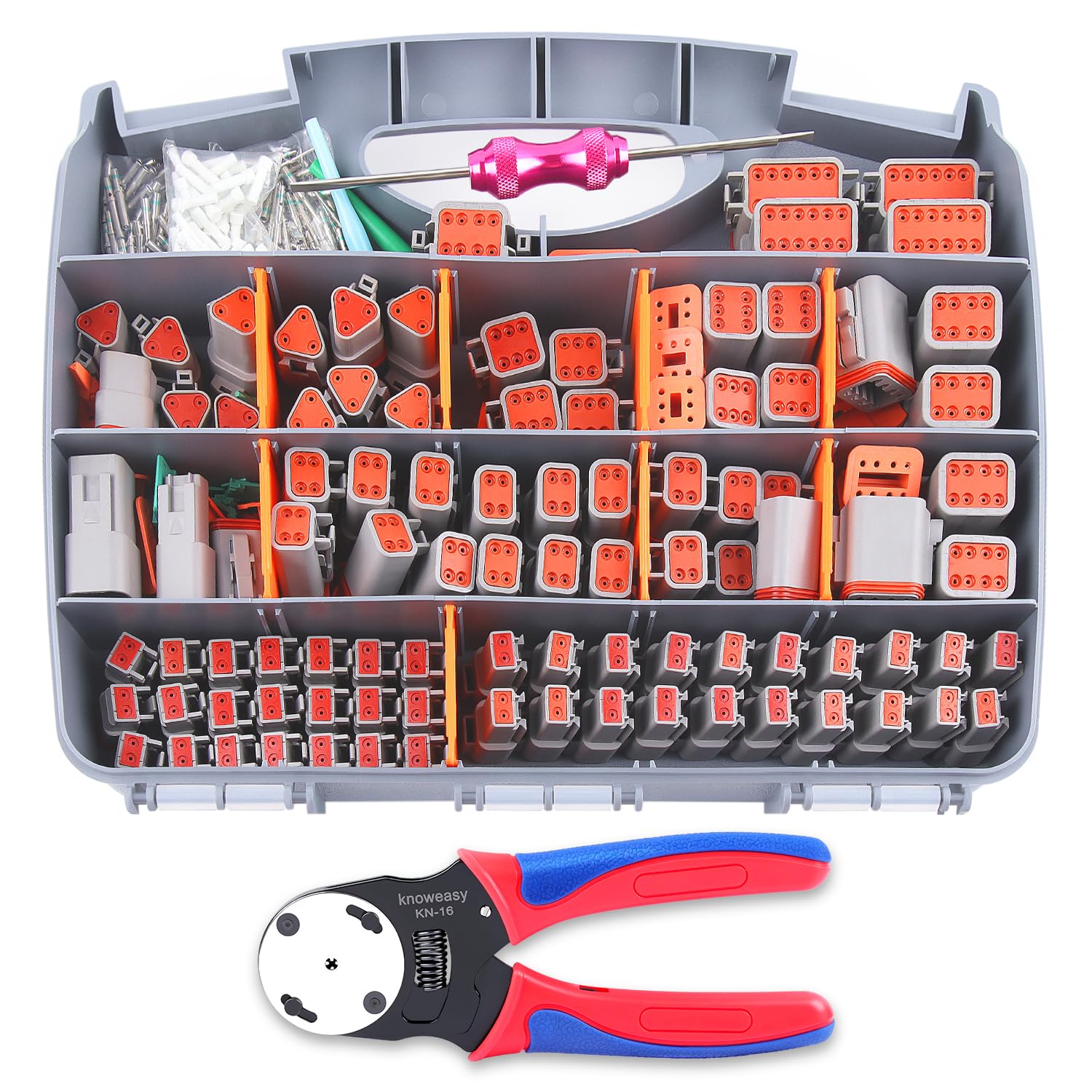Knoweasy 540PCS Deutsch DT Connectors Kit with KN16 Crimper Tool - 2/3/4/6/8/12 Pin Automotive Electrical Connectors Set with Removal Tool for Trucks, Marine & Construction Vehicles | Waterproof Wiring Harness Repair & Electrical System Maintenance