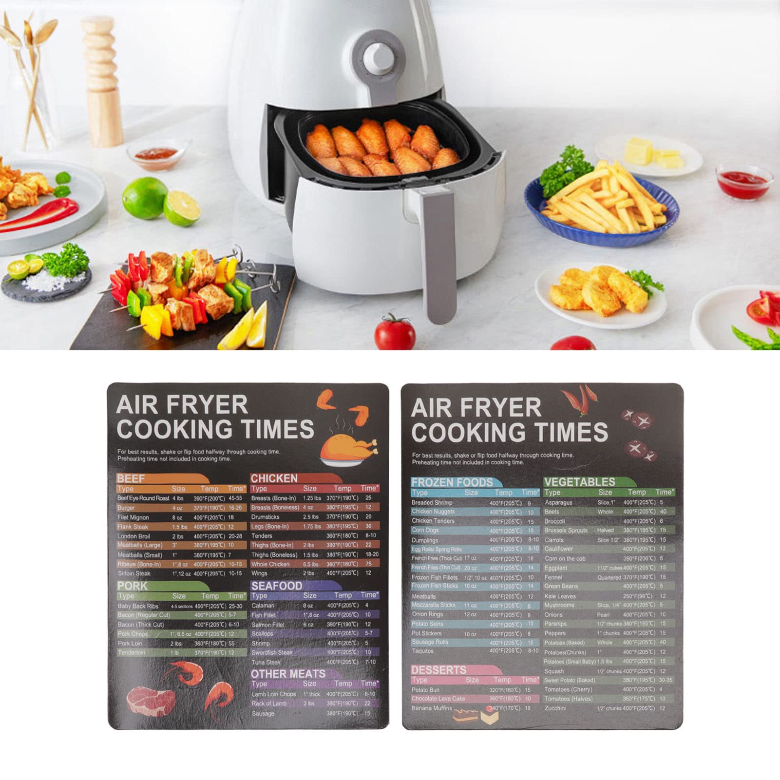 Air Fryer Magnetic Cheat Sheet Set - Cooking Times Chart & Recipe Guide | Perfect for Air Fryer Oven, Cooking Pot & Kitchen Appliances | Quick Reference for Meat Temps & Easy Meal Prep