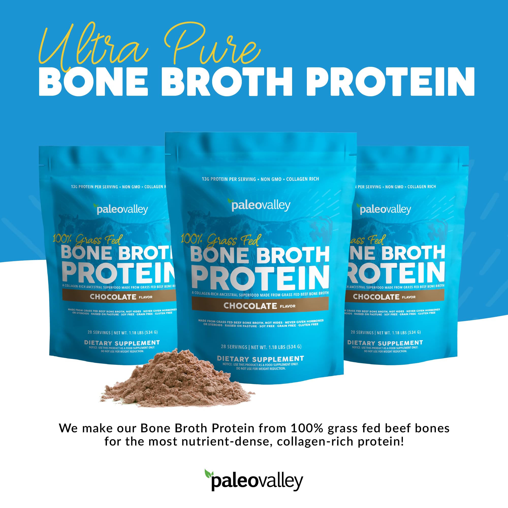 Paleovalley 100% Grass Fed Bone Broth Protein Powder - Chocolate Flavor - High in Collagen for Hair, Skin & Gut Health - Supports Bones & Joints - 28 Servings - Perfect for Smoothies, Baking & Post-Workout Recovery