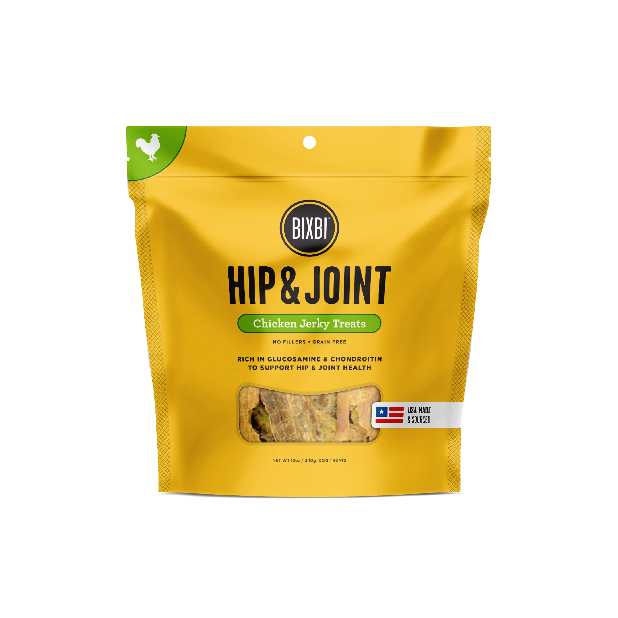 BIXBI Hip & Joint Support Chicken Jerky Dog Treats, 12 oz - Grain Free, Glucosamine & Chondroitin for Joint Health - High Protein, Antioxidant Rich Dog Snacks - Made in USA - Perfect for Senior Dogs & Active Pets