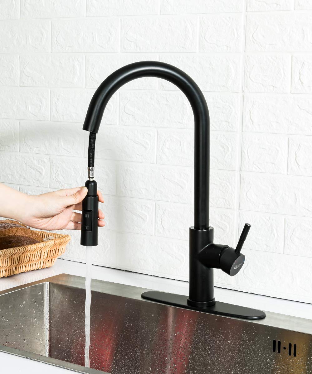 Premium Commercial Matte Black Stainless Steel Kitchen Faucet with Pull-Out Sprayer - High Arc Single Handle RV Sink Faucet with Deck Plate - Ideal for Modern Kitchens, Restaurants & Campers