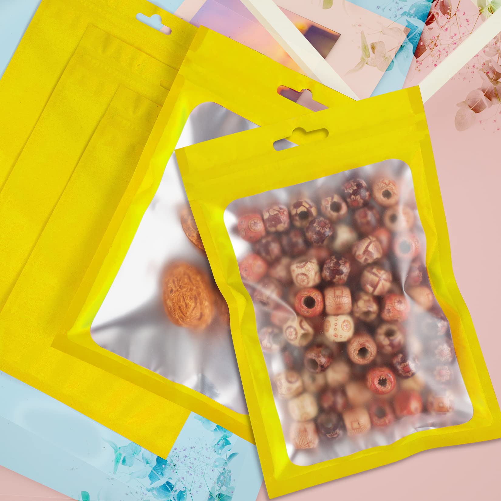 100-Pack Gold Mylar Bags with Clear Window - 4.72x7.1 Inch Smell Proof Food Storage Bags, Resealable Zip Lock Pouch for Coffee, Tea, Snacks & Christmas Treats | Airtight Packaging for Freshness & Organization