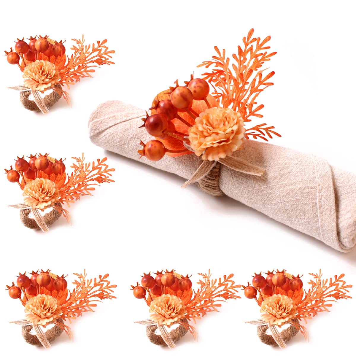 Elegant Fall Napkin Rings Set of 6 - Thanksgiving & Christmas Table Decor with Artificial Flowers & Berries - Reusable Retro Napkin Holders for Autumn Dinner Parties, Holiday Gatherings & Seasonal Home Decor