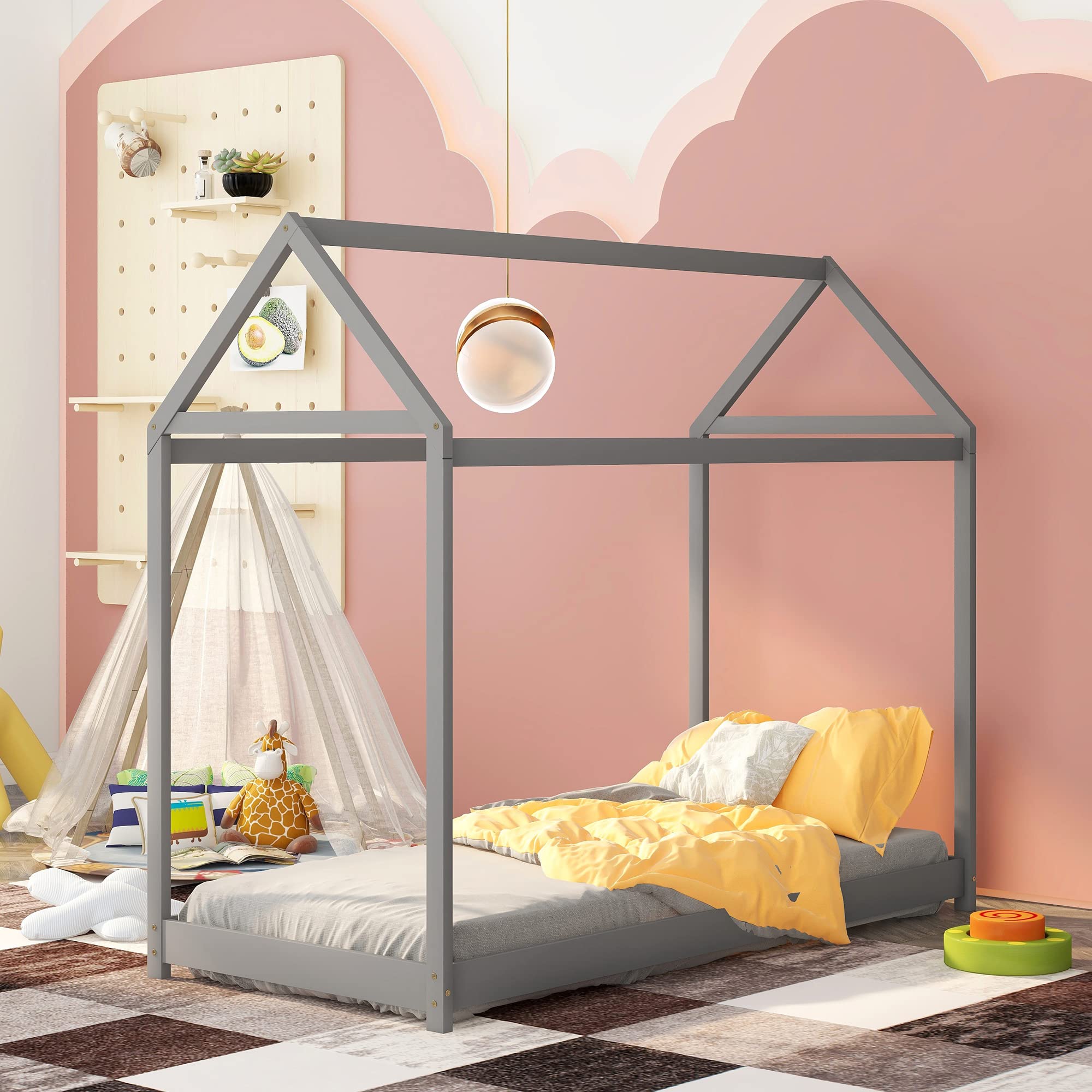MERITLINE Twin Size House Bed Frame with Roof - Playhouse Bed for Toddlers, Kids, Girls & Boys - No Box Spring Needed (Grey) - Perfect for Bedrooms, Playrooms & Montessori Spaces
