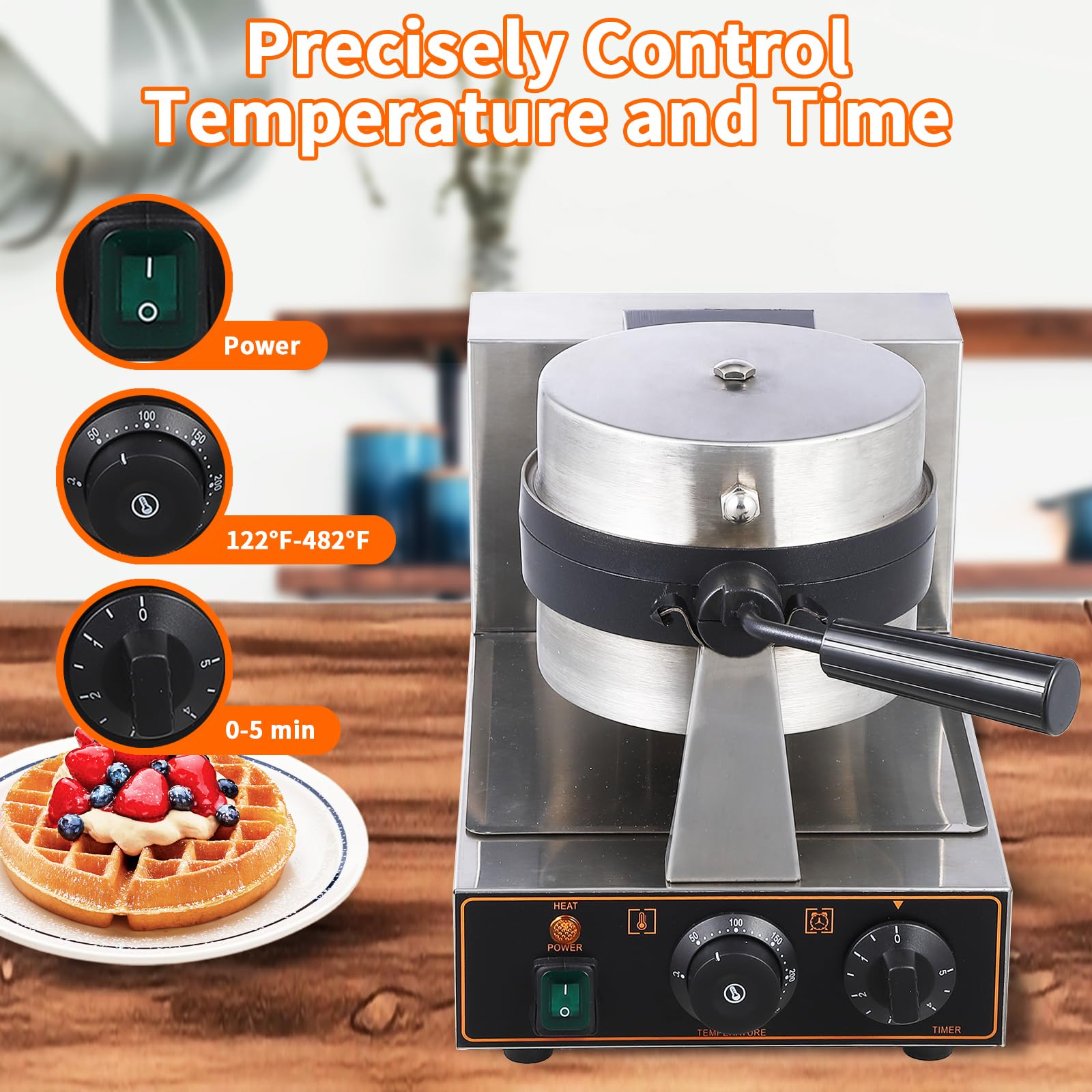 Commercial Electric Waffle Cone Maker - Stainless Steel Nonstick Mold with Efficient Heating, 110V 2400W Single Head Rotating Design for Restaurants, Bakeries & Snack Bars - Perfect for Making Crispy Ice Cream Cones & Desserts