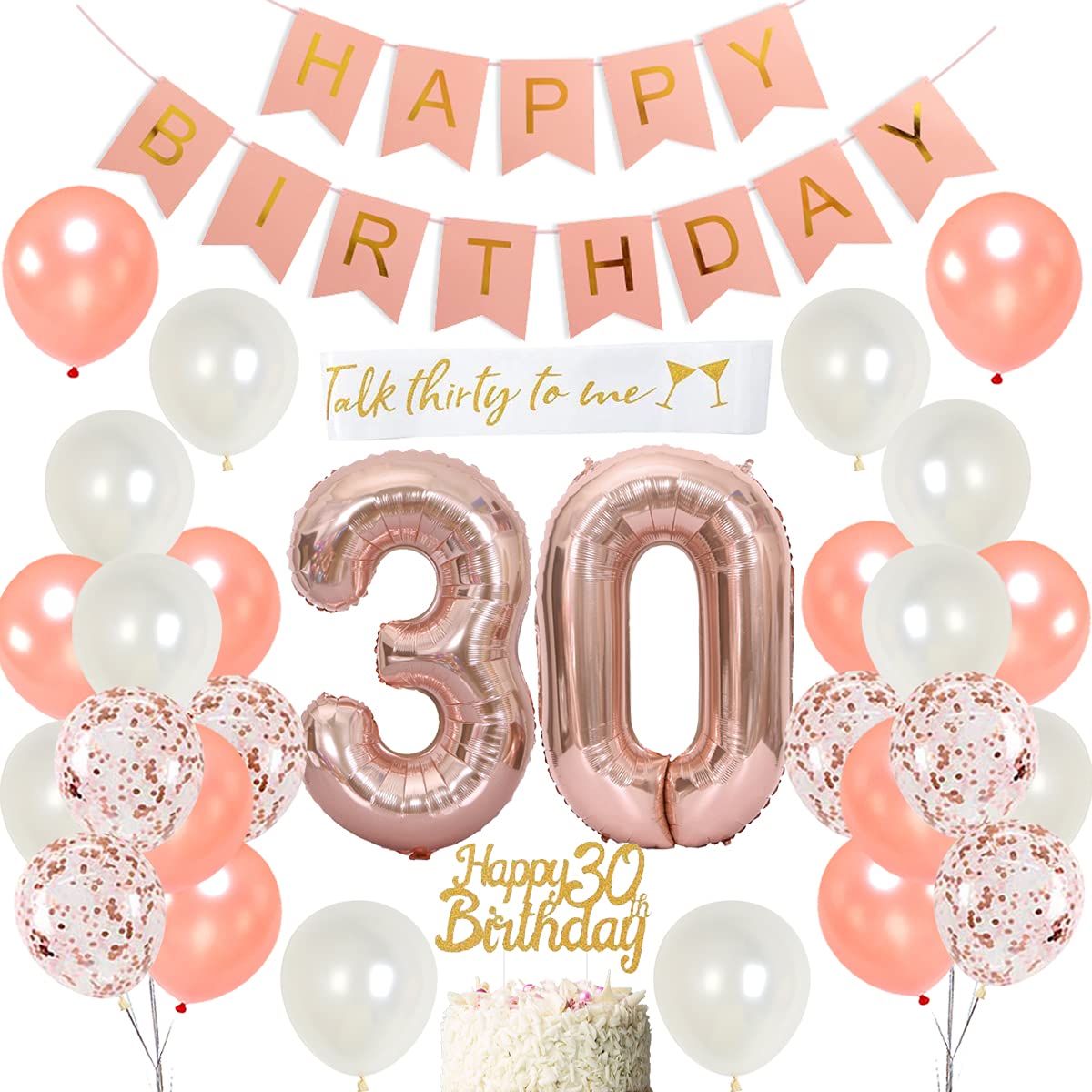 30th Birthday Decorations for Women - Gold Rose 'Talk Thirty To Me' Sash, Number 30 Foil Balloon & Pink Bunting Set - Perfect for 30th Birthday Parties, Milestone Celebrations & Instagrammable Decor