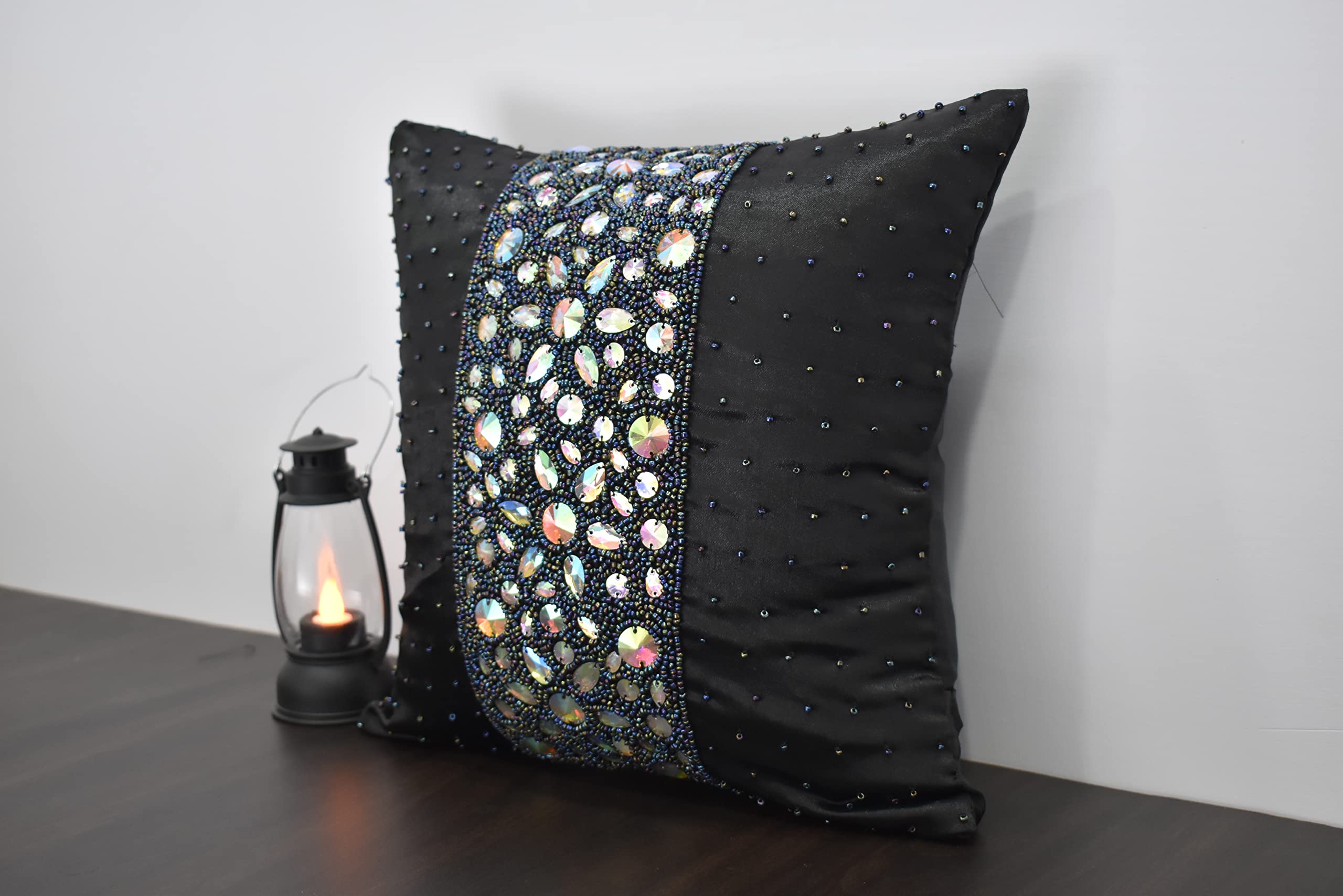 Luxury Black Rainbow Beaded Pillow Cover - Handmade Embroidered Decorative Throw Pillow Case - 26x26 Inches - Contemporary Modern Home Decor for Living Room, Bedroom, Sofa