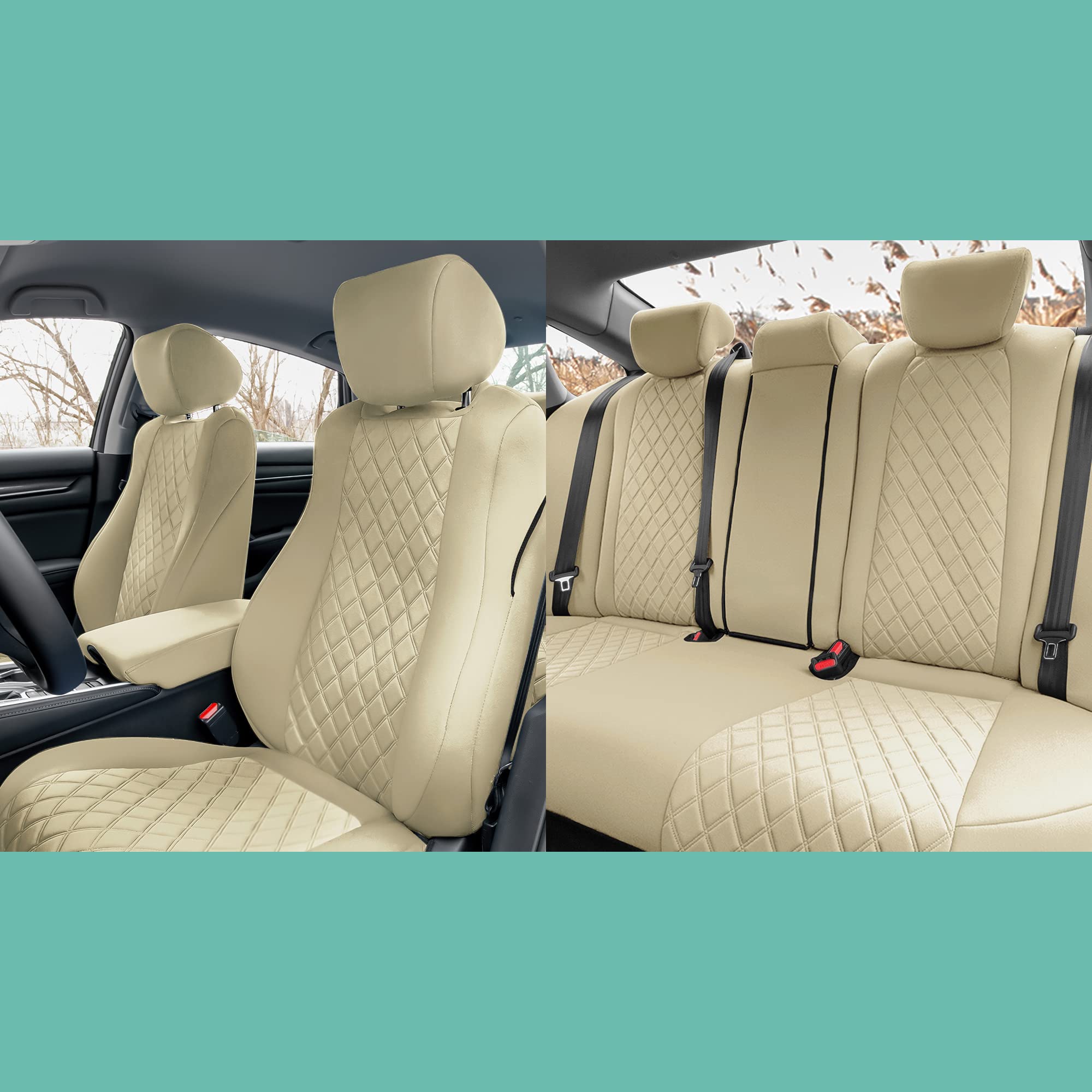 FH Group Custom Fit Neoprene Seat Covers for 2018-2022 Honda Accord (Touring/Sport/SE/EX/EX-L) - Full Set Waterproof Beige Car Seat Protectors | Durable Honda Accessories for Daily Commute & Road Trips