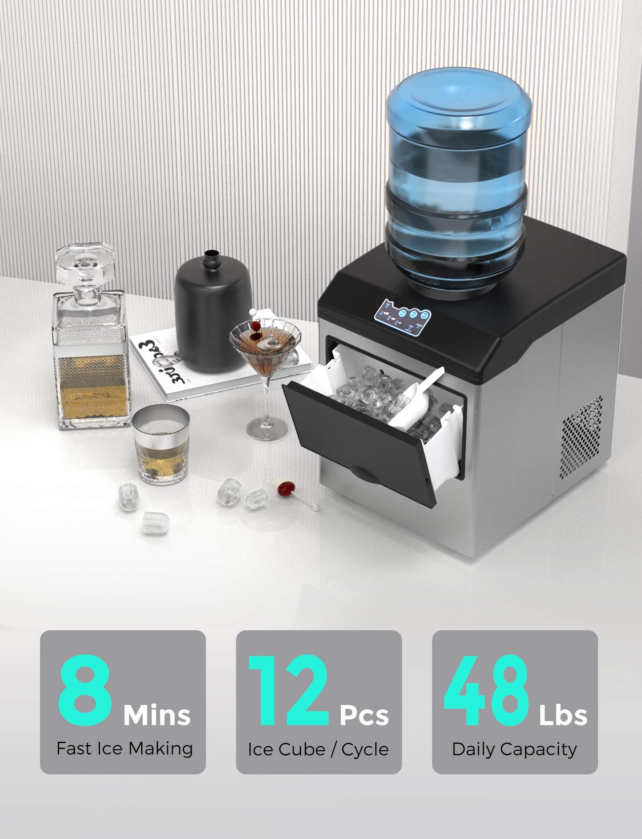 2 in 1 Countertop Ice Maker Machine - 48lbs Daily Output, Stainless Steel Portable Ice Cube Maker with Scoop & 4.5lb Storage Basket - Perfect for Home, Office, Parties & Outdoor Activities
