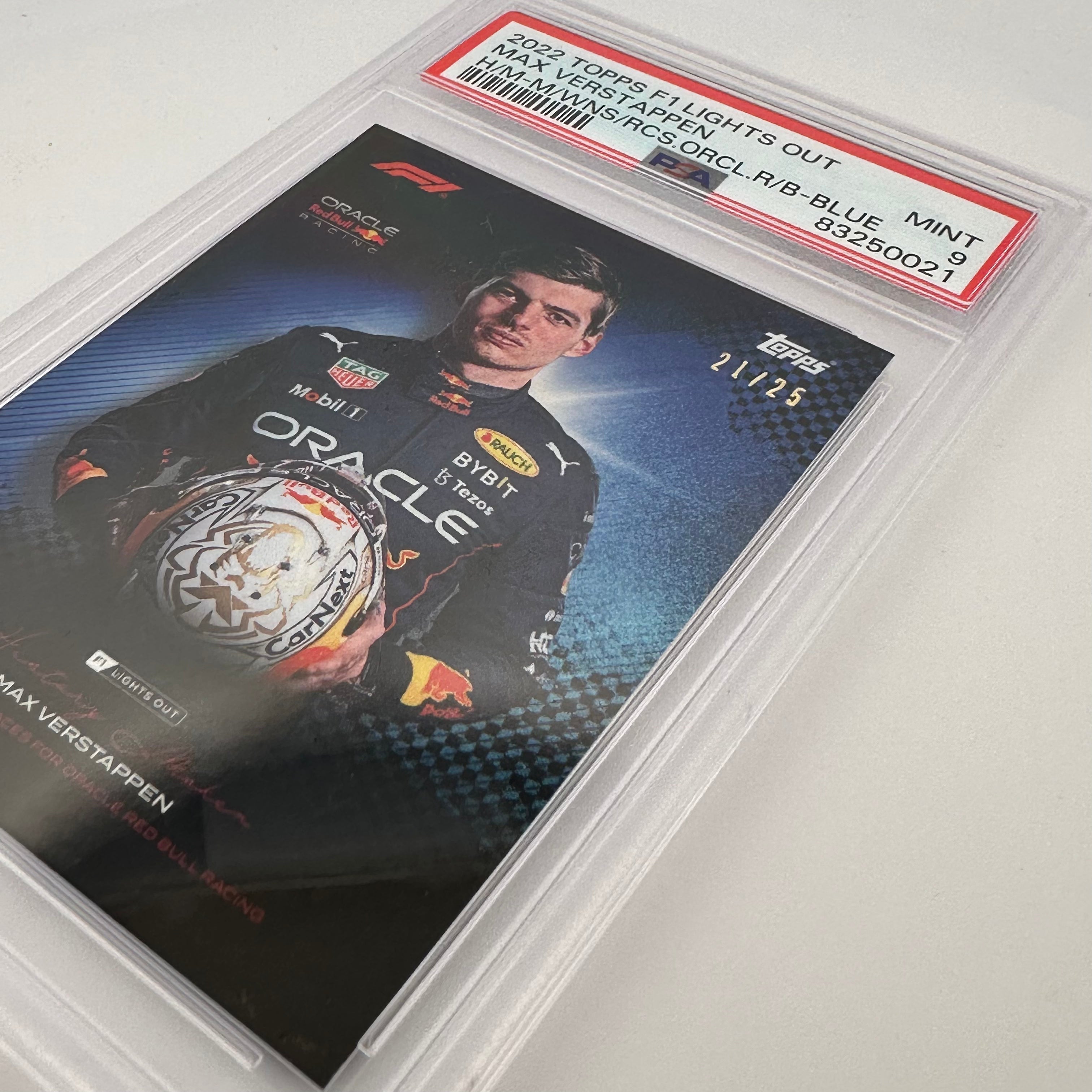 PSA 9 Graded 21/25 Max Verstappen History Maker Card - Most Wins & Races for Oracle Red Bull Racing (Blue) - Perfect for F1 Collectors and Racing Memorabilia Displays