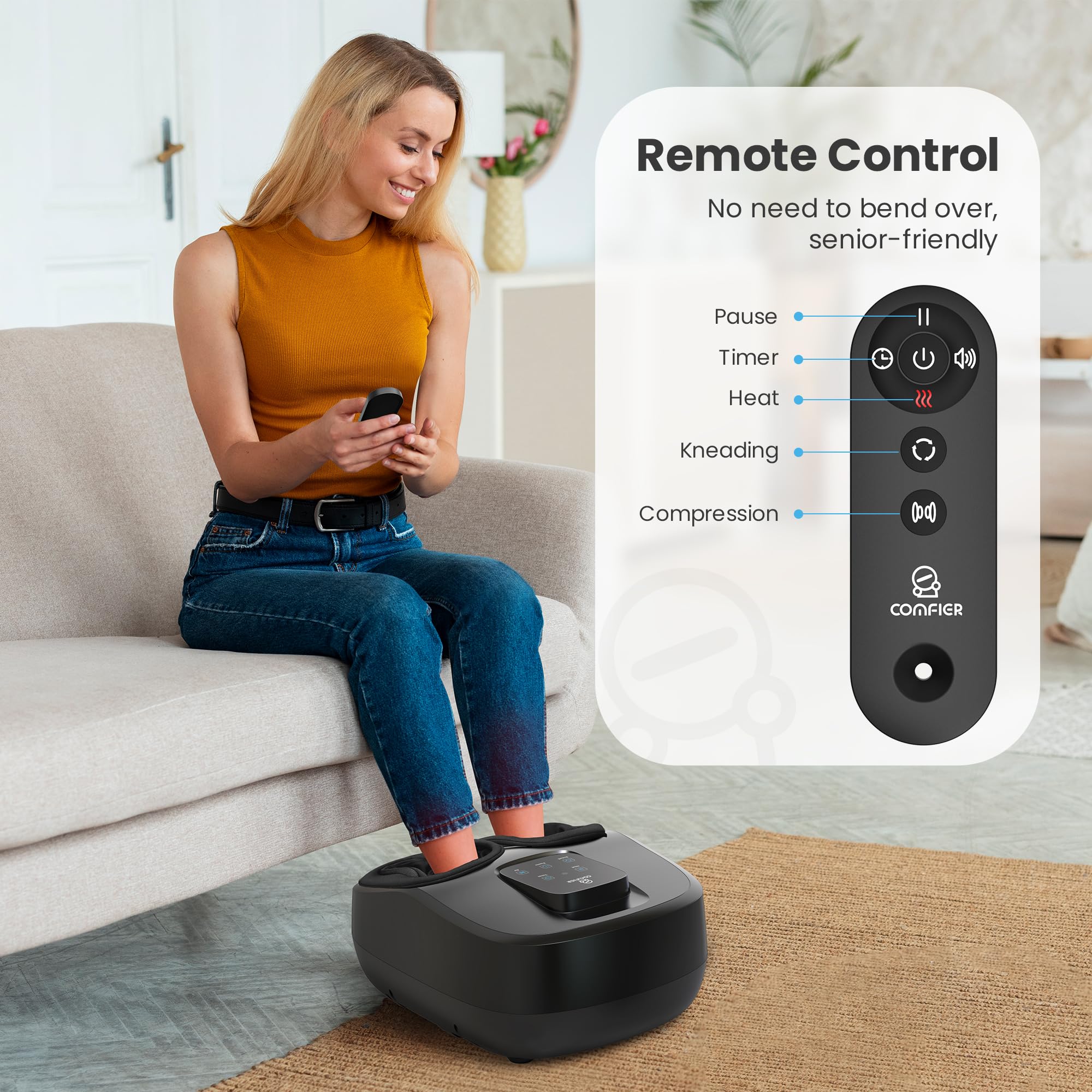 COMFIER Electric Foot Massager with Heat & Compression - Shiatsu Foot Massage Machine, Remote Control, 3 Timer Settings, Size 13 - Perfect for Relaxation, Pain Relief & Circulation - Ideal Gift for Men & Women (FSA/HSA Eligible) - Use at Home, Office or as Spa Treatment