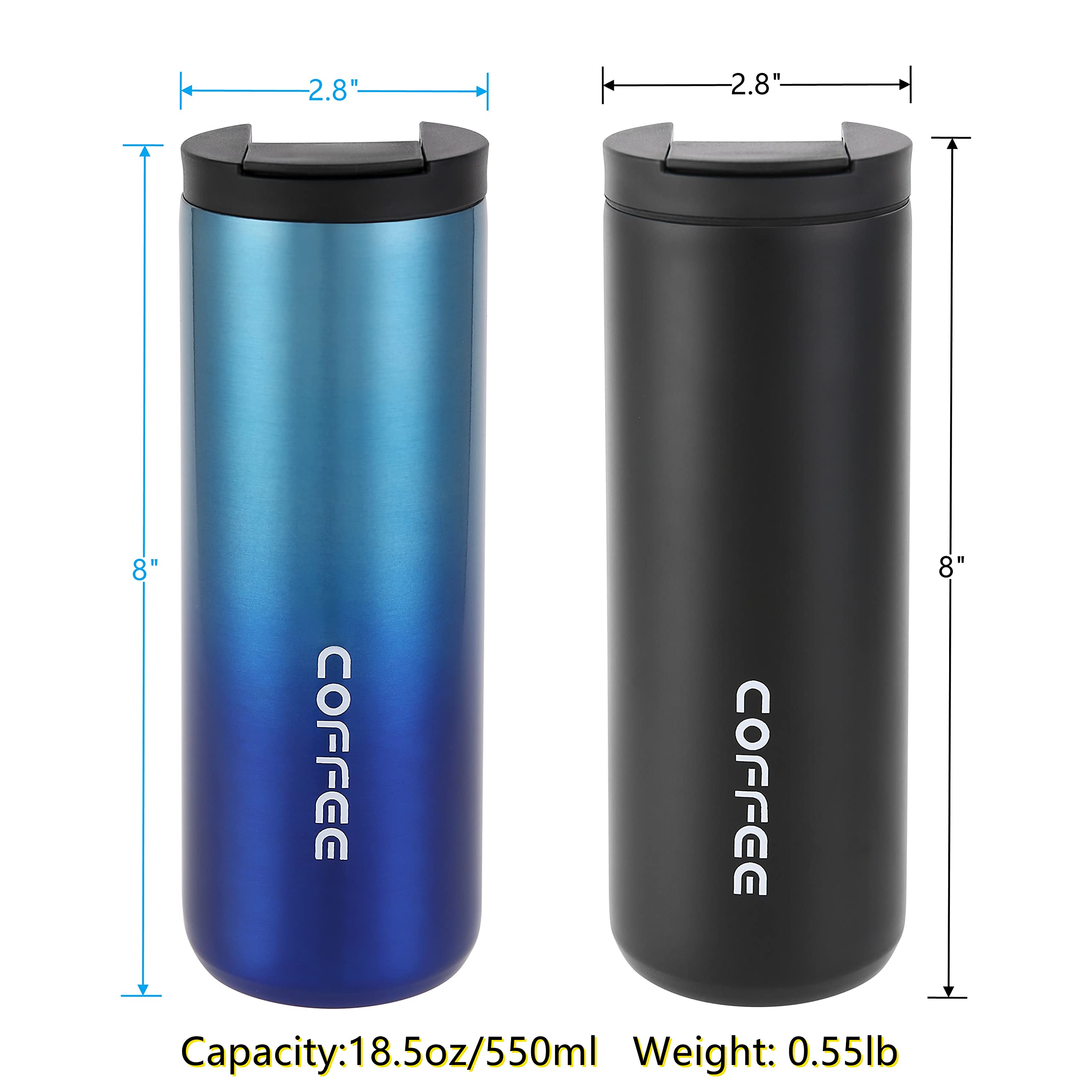 Premium Stainless Steel Insulated Coffee Mug - 18.5oz (550ml) Double Wall Vacuum Travel Tumbler with Leakproof Screw Lid - Keeps Hot/Cold for Hours - Perfect for Commuting, Camping & Office Use (Blue)