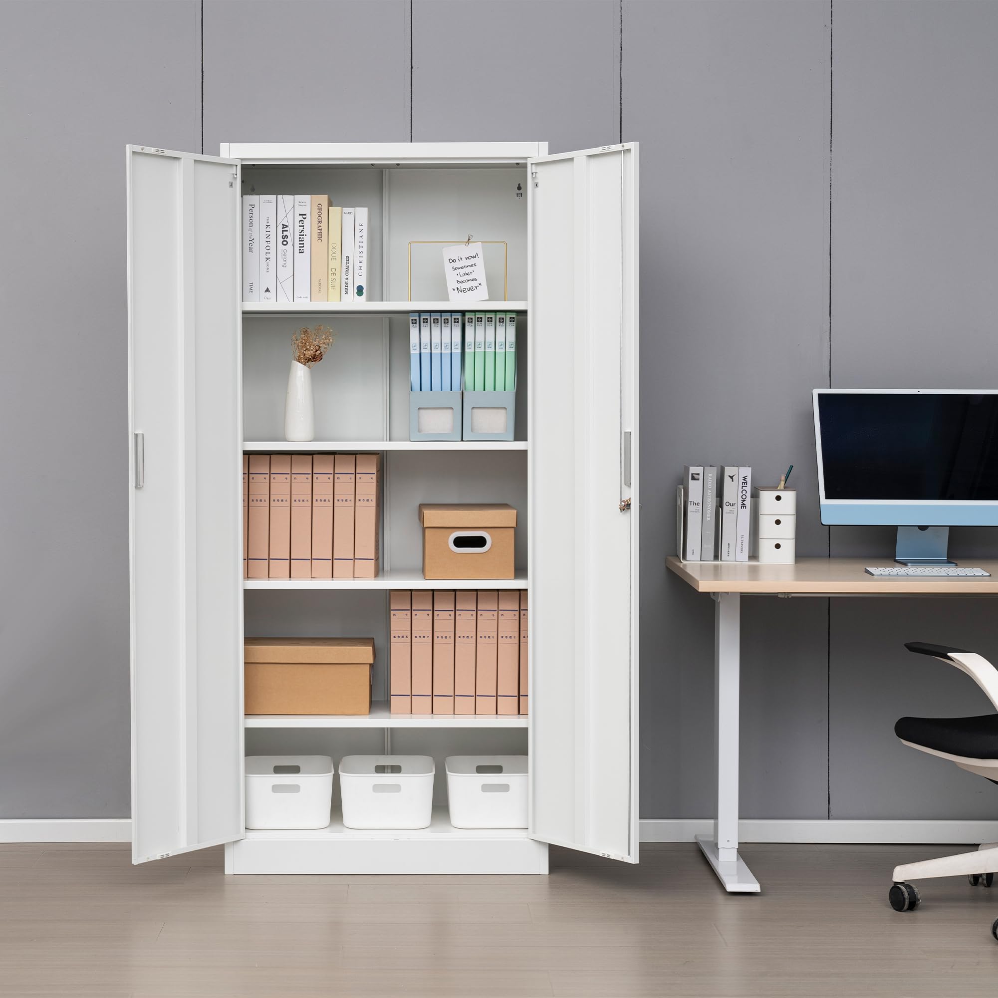 Heavy Duty Metal Storage Cabinet with Lock - 2 Lockable Doors & 4 Adjustable Shelves, White Garage Storage Organizer for Office, Home, Gym, School - Perfect for Storing Tools, Supplies & Equipment