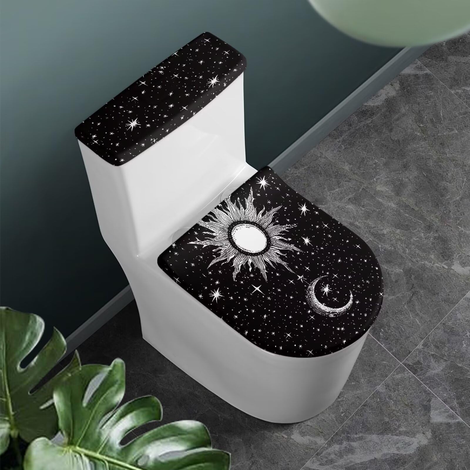 Gothic Sun Moon Toilet Lid Cover & Tank Cover Set - Soft Plush Bathroom Decor for Most Toilets - Perfect for Halloween, Gothic, and Fantasy Themed Bathrooms