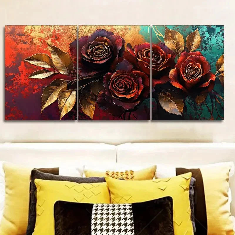 3-Piece Golden Leaf Rose Painting Metal Print - Ready to Hang Wall Art for Living Room, Bedroom & Office Decor