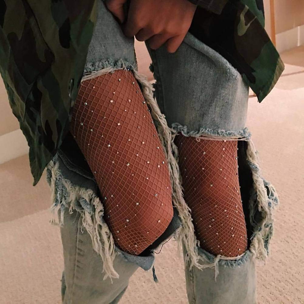 Sexy Rhinestone Fishnet Stockings for Women - High Waist Elastic Pantyhose Tights (Black/Beige/White Diamond) - Perfect for Cosplay, Night Out & Lingerie Fashion
