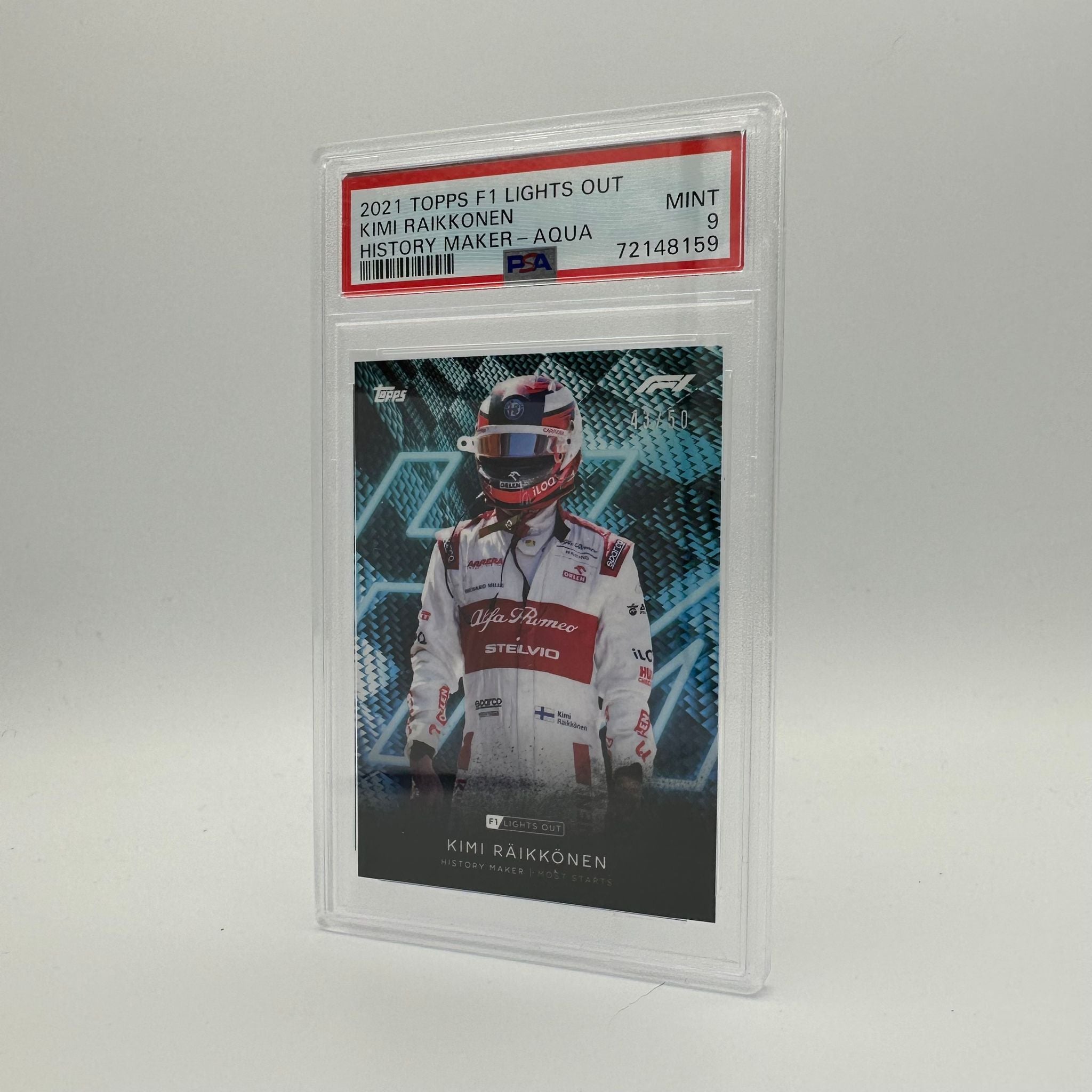 PSA 9 Graded 43/50 Kimi Raikkonen History Maker Trading Card - Rare Collectible for F1 Fans & Sports Memorabilia Enthusiasts - Perfect for Display, Investment, and Gifting