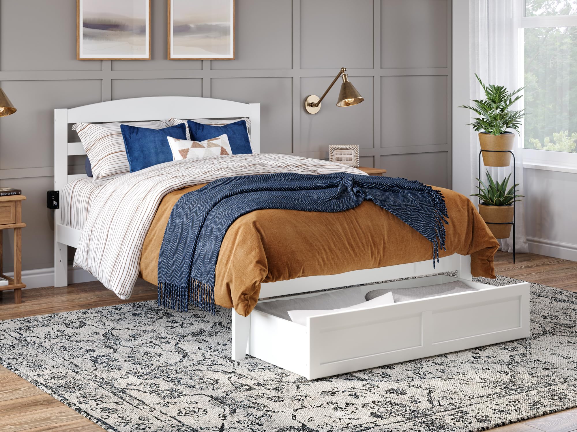 AFI Warren Queen Size Platform Bed with Storage Drawers & USB Charging Station - Modern White Wooden Bed Frame for Bedroom, Perfect for Small Spaces & Tech Lovers