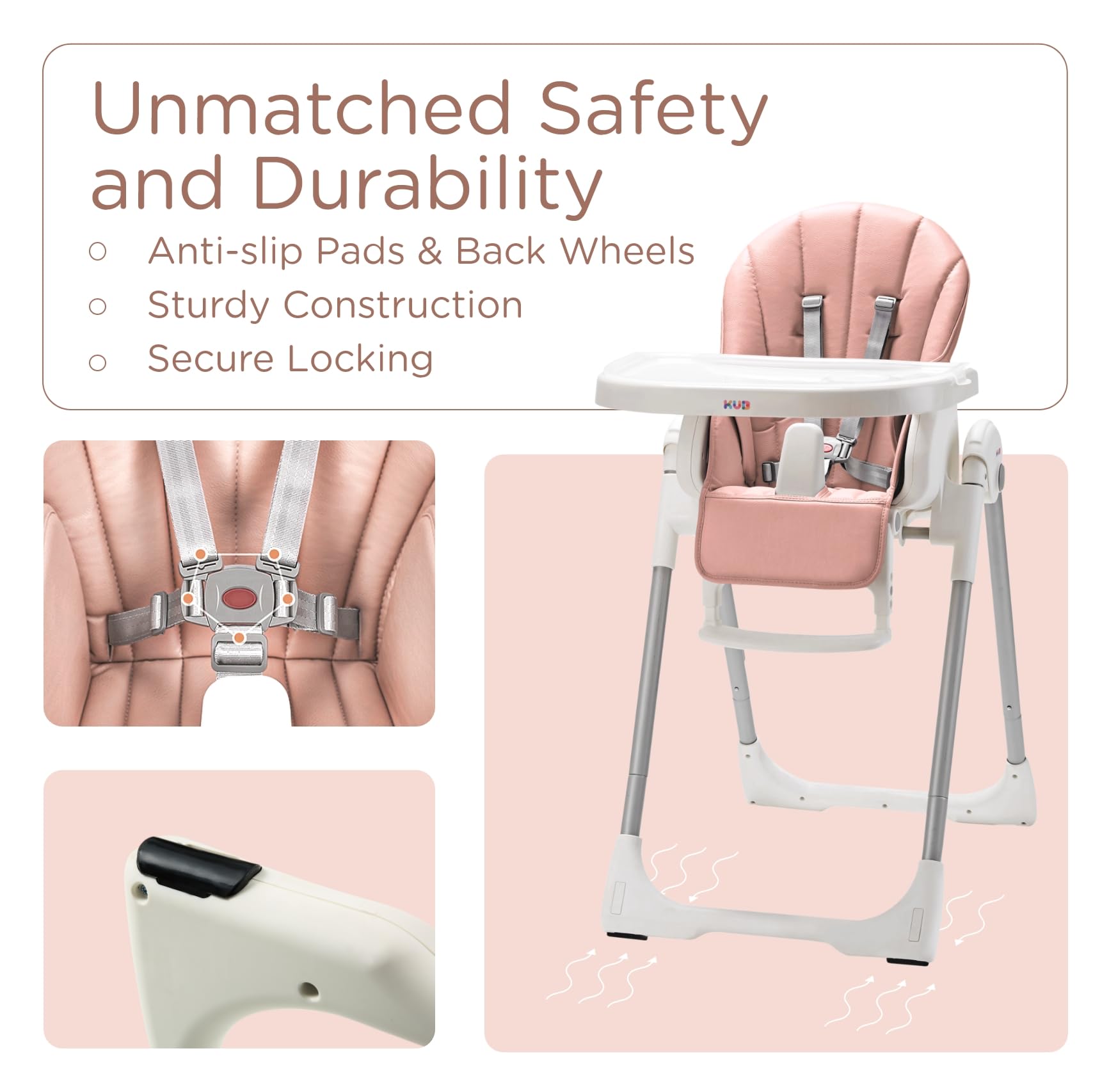 KÜB 3-in-1 Foldable Baby High Chair with 7 Height & 4 Recline Adjustments | Removable Washable Seat & Tray | 2 Locking Wheels | Multi-Functional Infant Highchair for Babies & Toddlers (Pink) | Perfect for Dining, Feeding & Playtime at Home or Travel