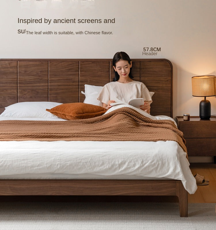 Solid Black Walnut Wood Bed Frame - Chinese Retro Style Queen/King Size Platform Bed with Storage | Durable Hardwood Bedroom Furniture for Master Bedroom, Guest Room & Airbnb