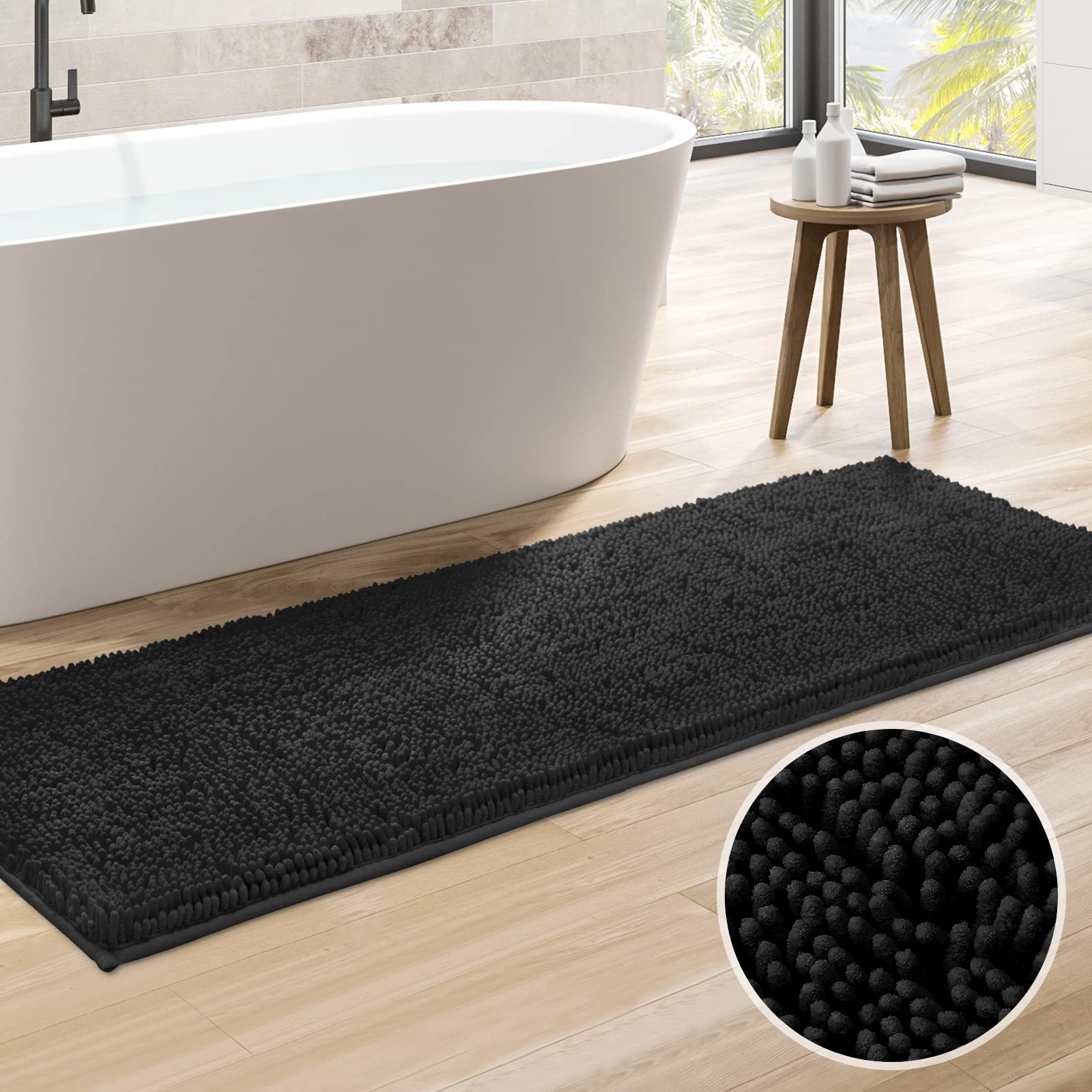 Ultra Soft & Absorbent Non-Slip Bathroom Rug Runner - 20x60 Inch Chenille Plush Shower Carpet for Bath Mats, Machine Washable, Black - Perfect for Bathroom Floor, Shower Entrance & Vanity Area