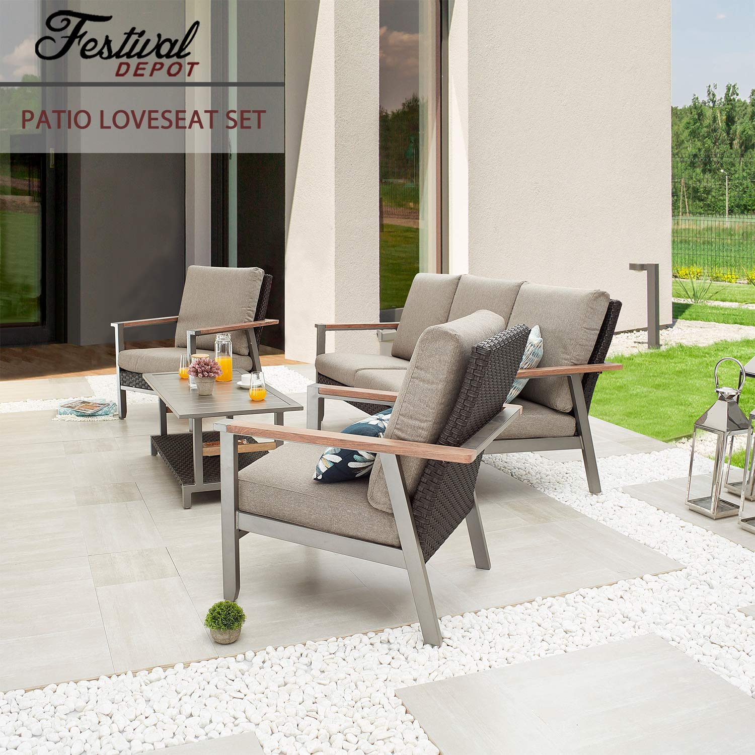 Festival Depot 4-Piece Outdoor Patio Conversation Set - Wicker Rattan Loveseat & Chairs with Thick Cushions + Metal Frame Coffee Table - Grey Garden Furniture for Deck, Backyard & Poolside Relaxation