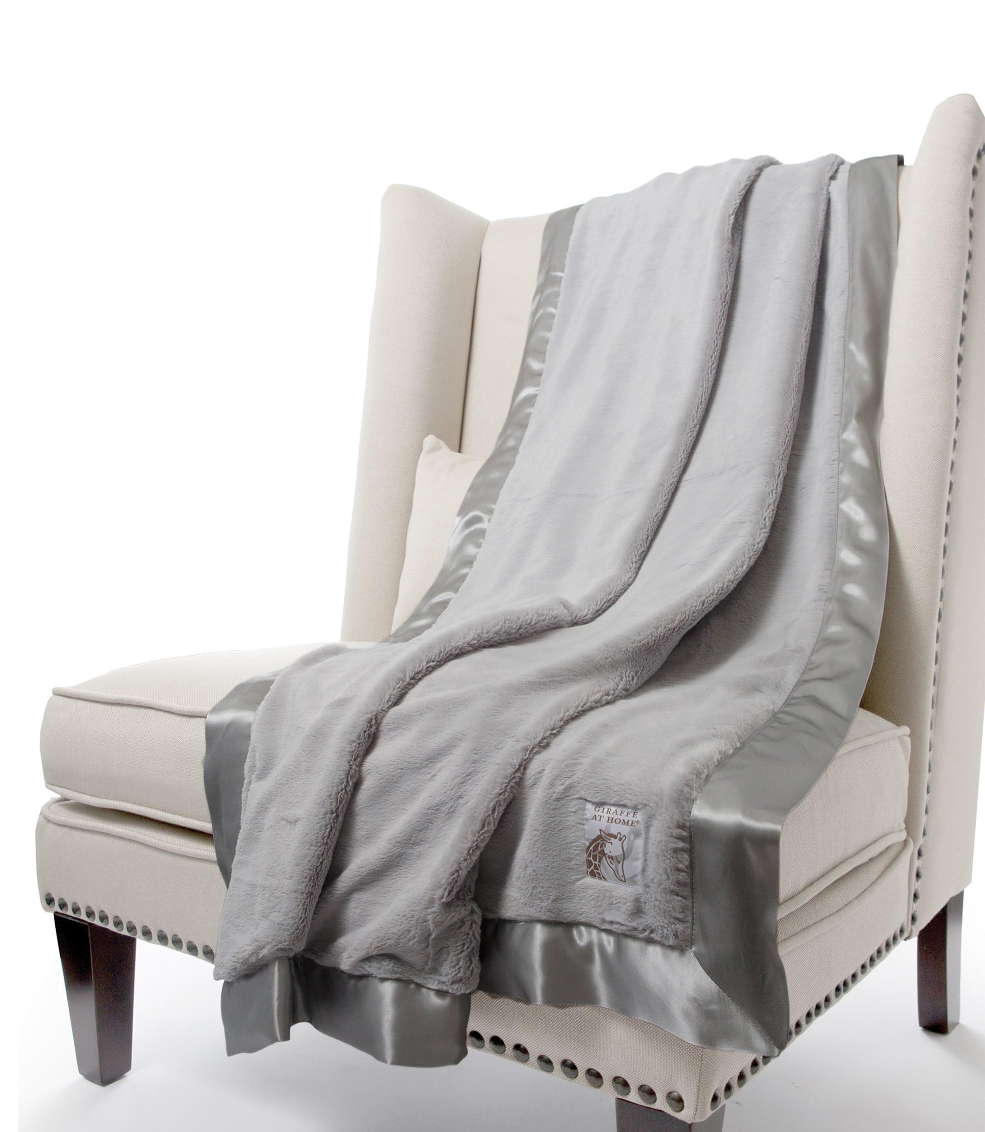Little Giraffe Chenille Throw Blanket - Ultra Soft Faux Fur Blanket for Couch, Bed & Sofa - Luxurious Silver Blanket with Satin Trim (59