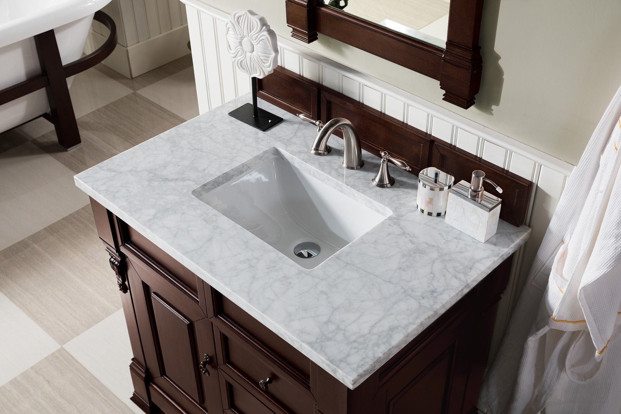 Brookfield 36 Inch Single Bathroom Vanity with Burnished Mahogany Finish & 3CM Carrara Marble Top - Perfect for Modern Home, Apartment, and Guest Bathroom Renovations