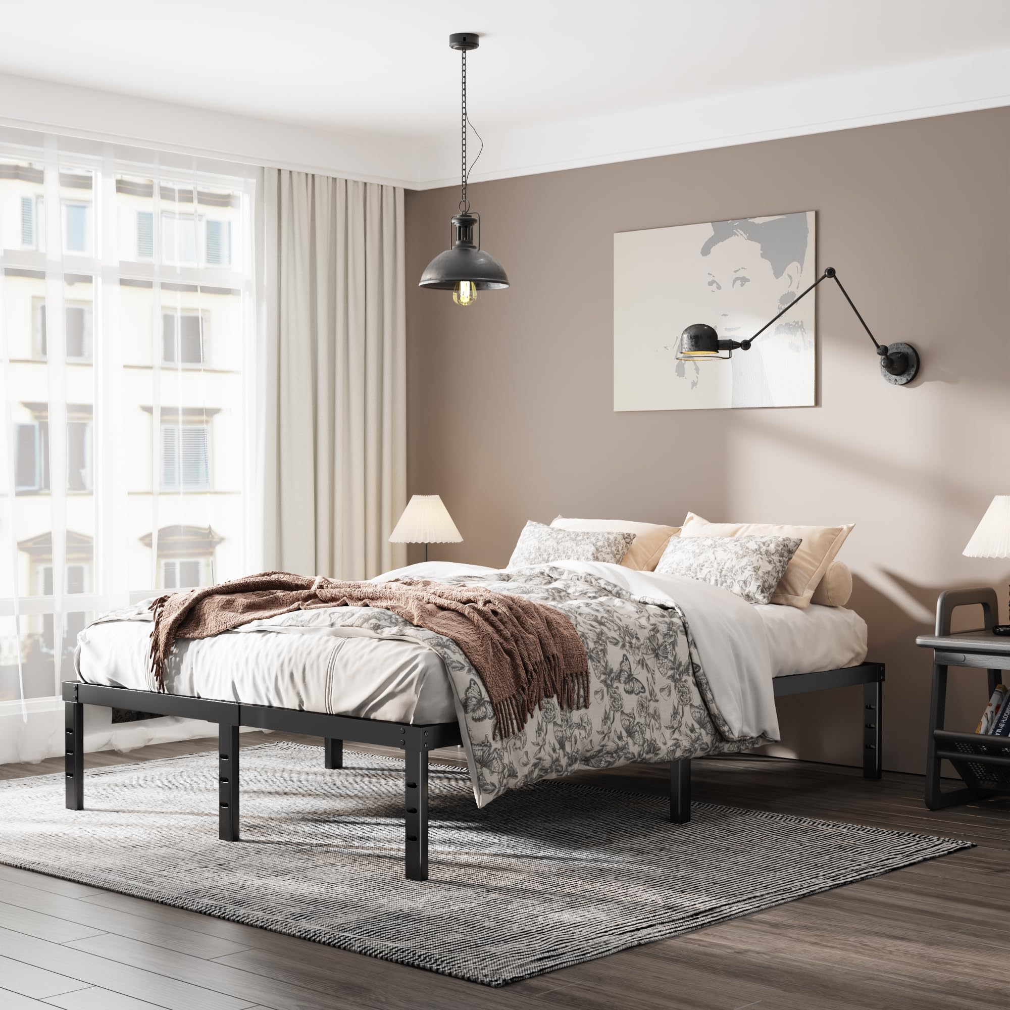 14 Inch Metal Platform Bed Frame Queen Size - Steel Slat Support, No Box Spring Needed - Easy Assembly with Storage Space - Black - Perfect for Modern Bedrooms & Guest Rooms