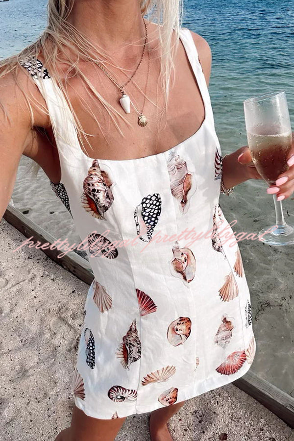 Steph Linen Blend Shells Print Mini Dress with Elastic Back - Summer Beach Wear, Casual Outing, Boho Chic Style