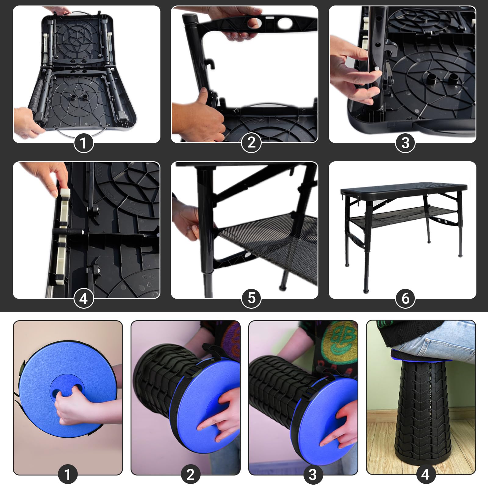 Compact Folding Camp Table & Stool Set - Adjustable Height Portable Lightweight Outdoor Picnic Table for Camping, RV, Beach & Tailgating - Perfect for Backpacking, Patio & Small Space Living