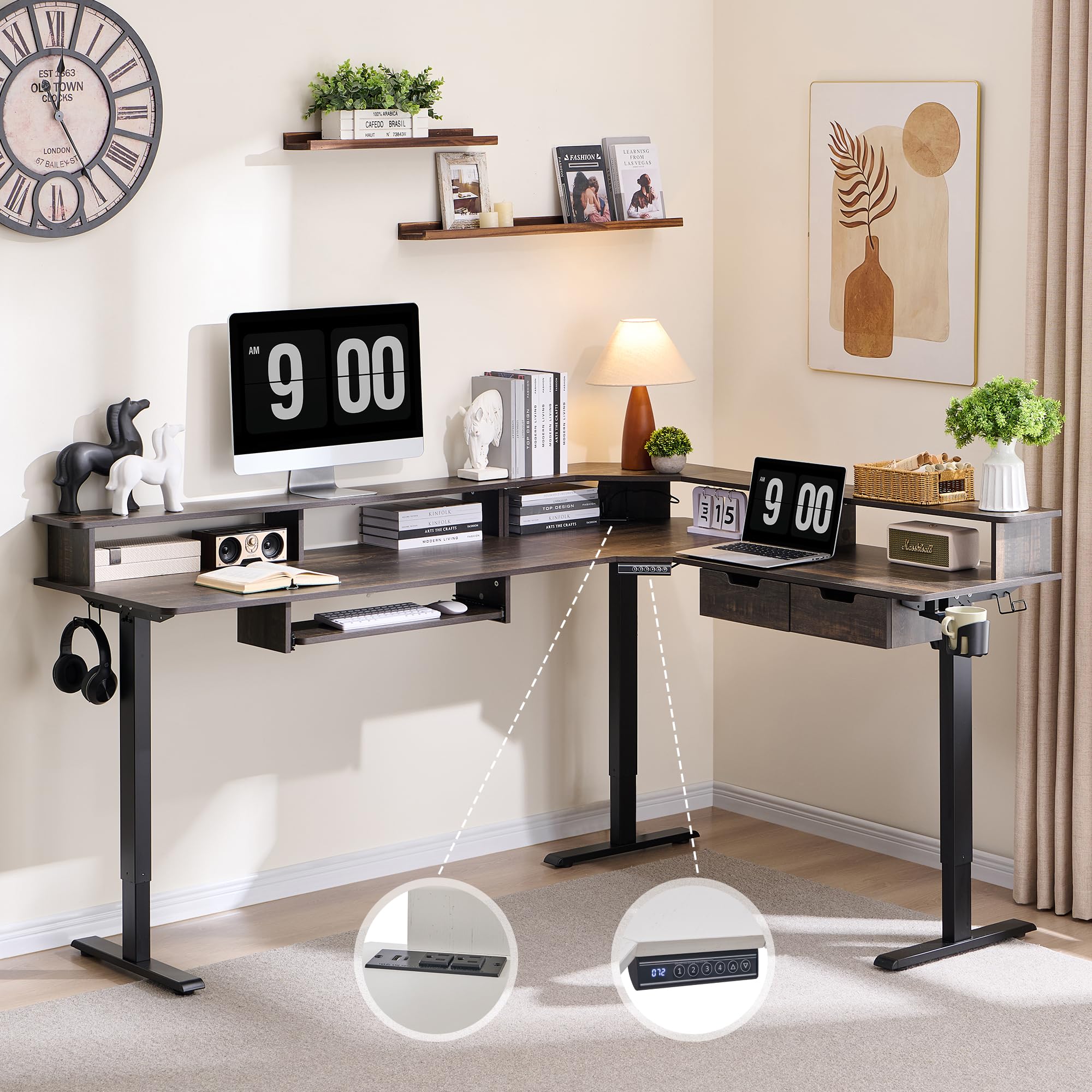 RedLemon 75X60 Inches L-Shaped Electric Standing Desk - Height Adjustable Corner Gaming Desk with Drawers, Keyboard Tray, Power Outlets & LED Lights - Computer Desk with Monitor Shelf in Dark Rustic Oak - Perfect for Home Office, Gaming Setup & Workspace Ergonomics
