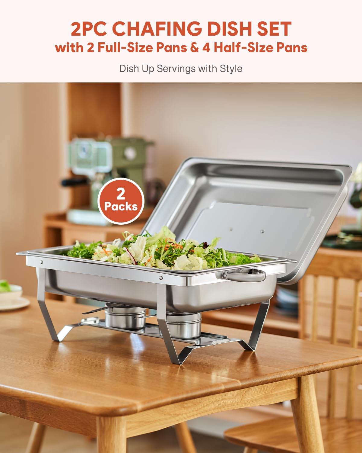 2-Pack Stainless Steel Chafing Dish Buffet Set - 8 Qt Catering Warmers with 2 Full & 4 Half Size Pans, Lids & Foldable Frames - Perfect for Parties, Buffets, Banquets, Weddings & Dinner Events - Keep Food Warm for Hours