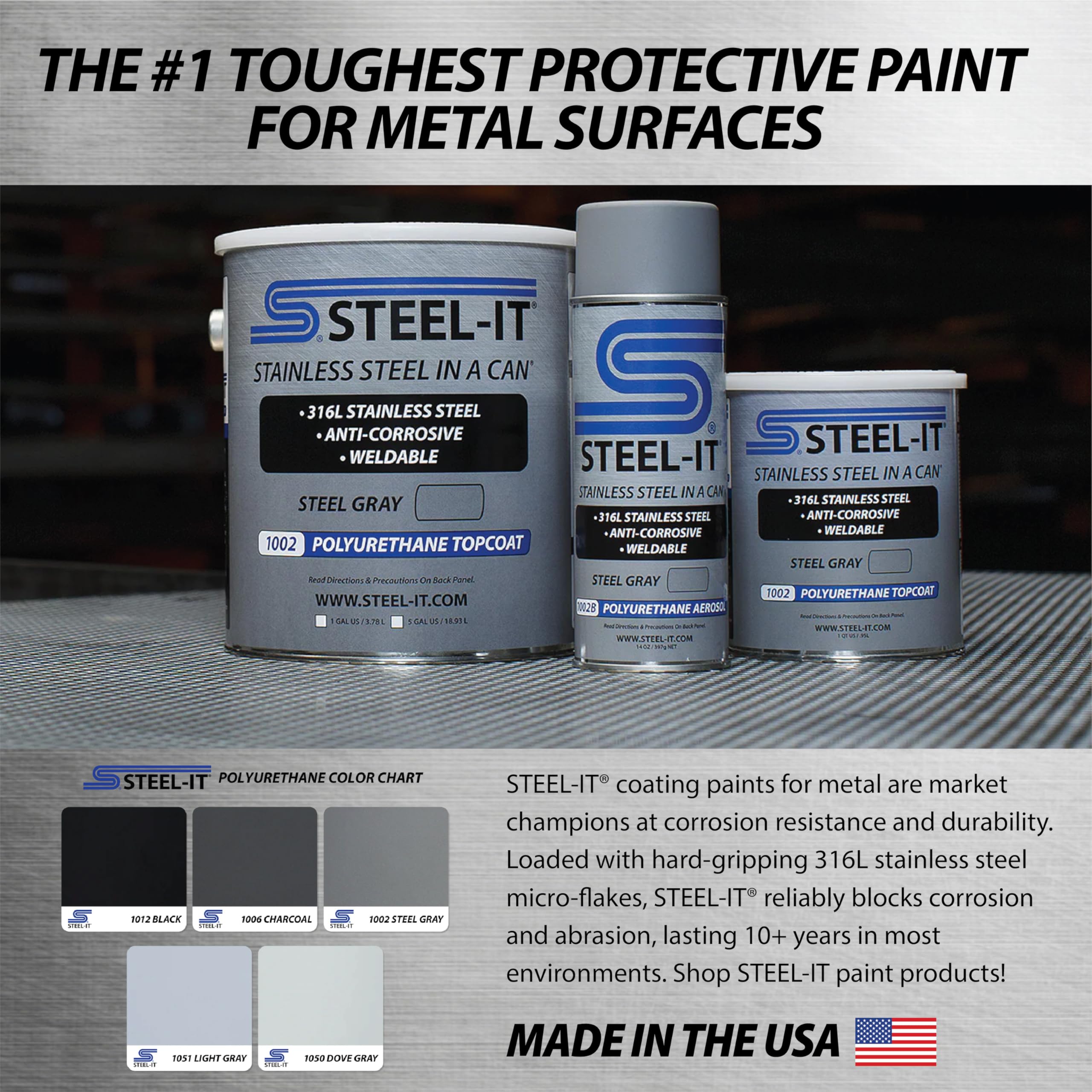 Steel-It 1002D Polyurethane Aerosol Spray Paint - Industrial Grade, Weldable, Rust Resistant Coating - Steel Gray (5 Pack) - Perfect for Metal Fabrication, Automotive Repair & Industrial Equipment Maintenance