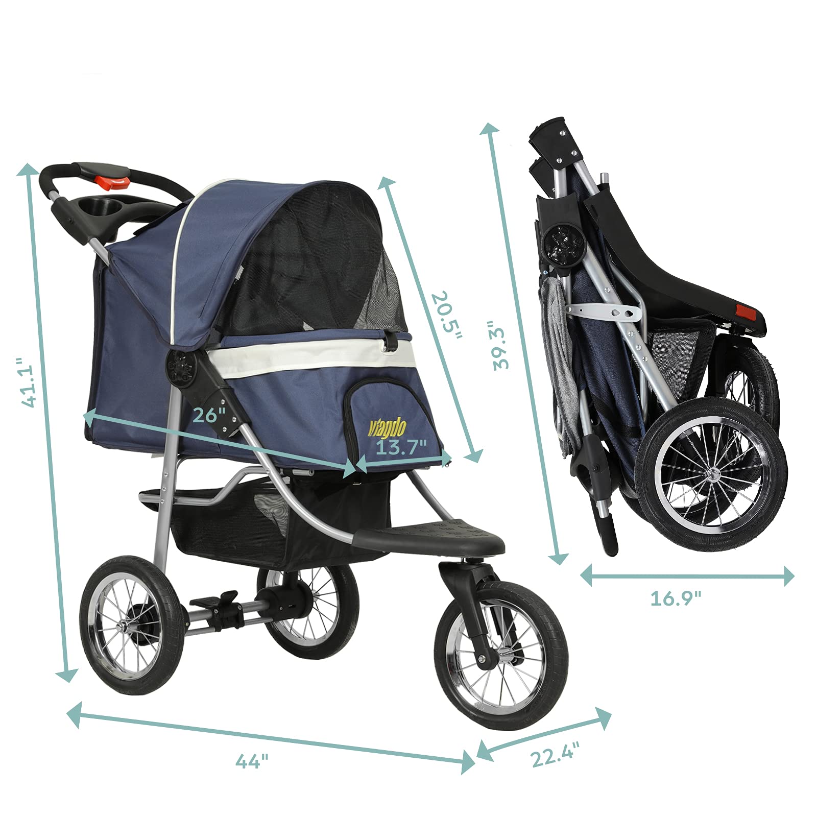 VIAGDO Premium Heavy Duty Pet Stroller for Small & Medium Dogs & Cats - 3-Wheel Foldable Dog & Cat Carrier with Suspension System, Link Brake & One-Hand Fold - Supports Up to 55 lbs (Blue & Grey) - Perfect for Vet Visits, Outdoor Walks & Travel