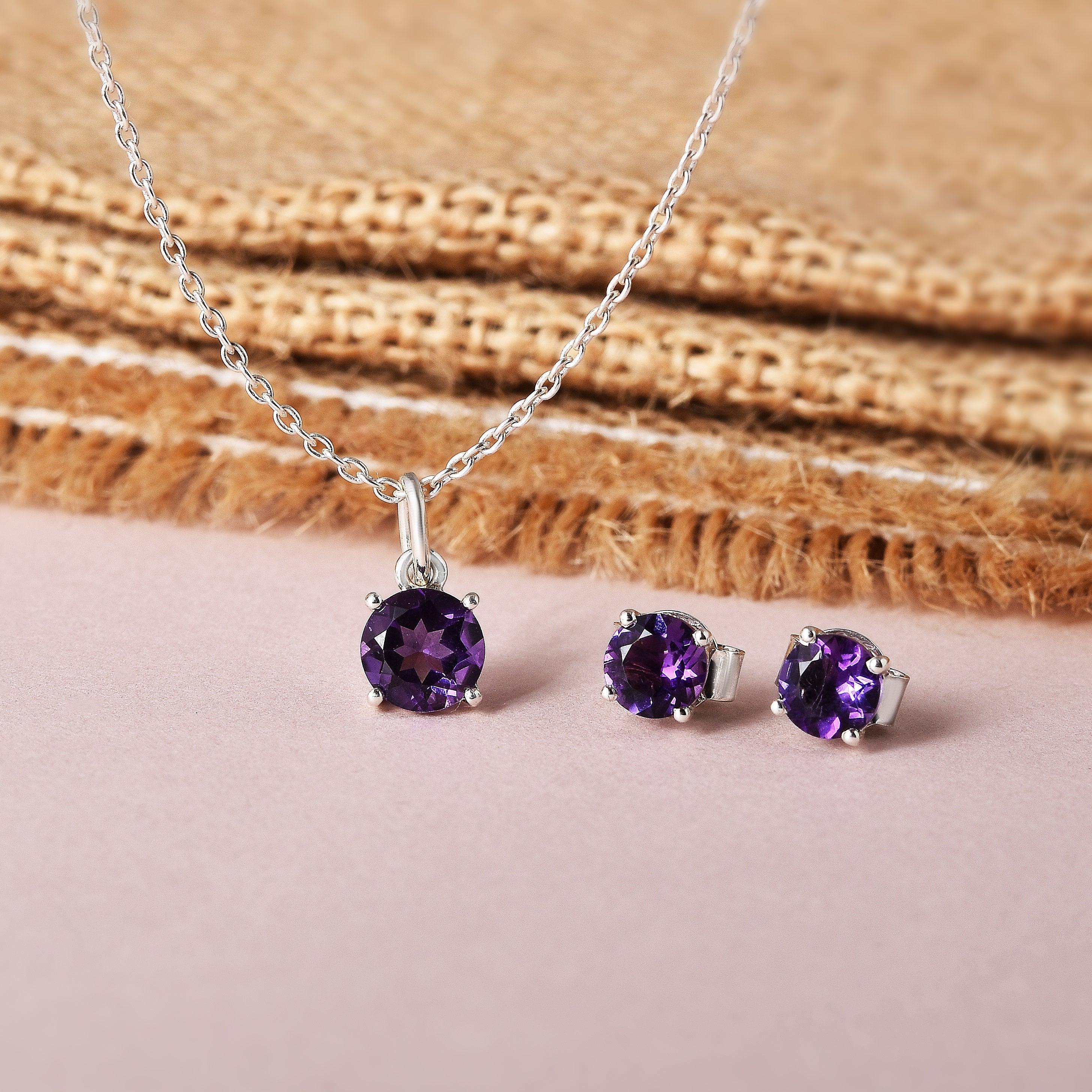 Elegant Purple Solitaire Amethyst Jewelry Set - Sterling Silver Necklace & Earrings for Women | Perfect for Weddings, Anniversaries & Special Occasions