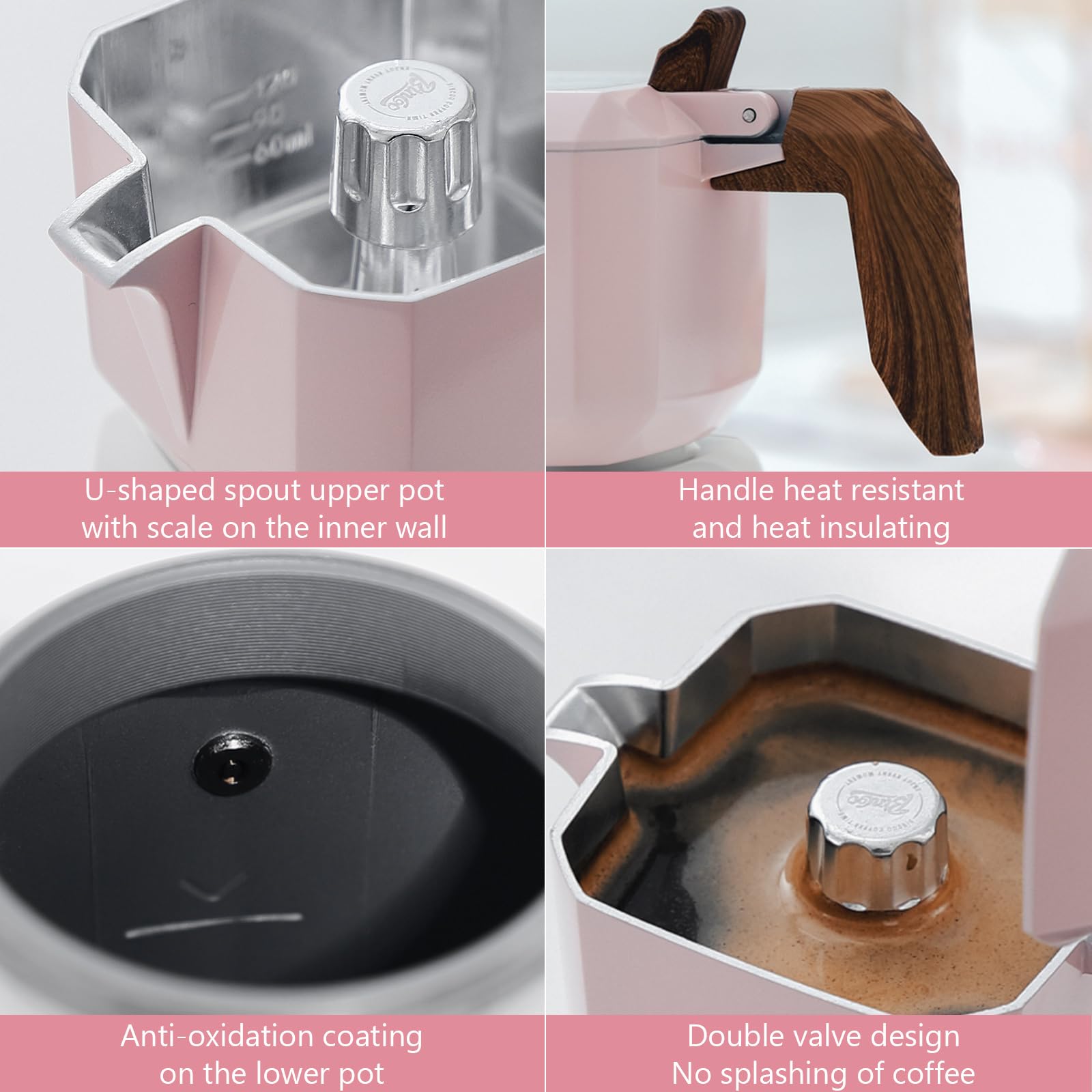 Bincoo 2-Cup Stovetop Espresso Maker - Italian Moka Coffee Pot with Double Valve & Filter Paper, 120ML/4oz (Pink-White) - Perfect for Home Brewing, Camping & Gifts