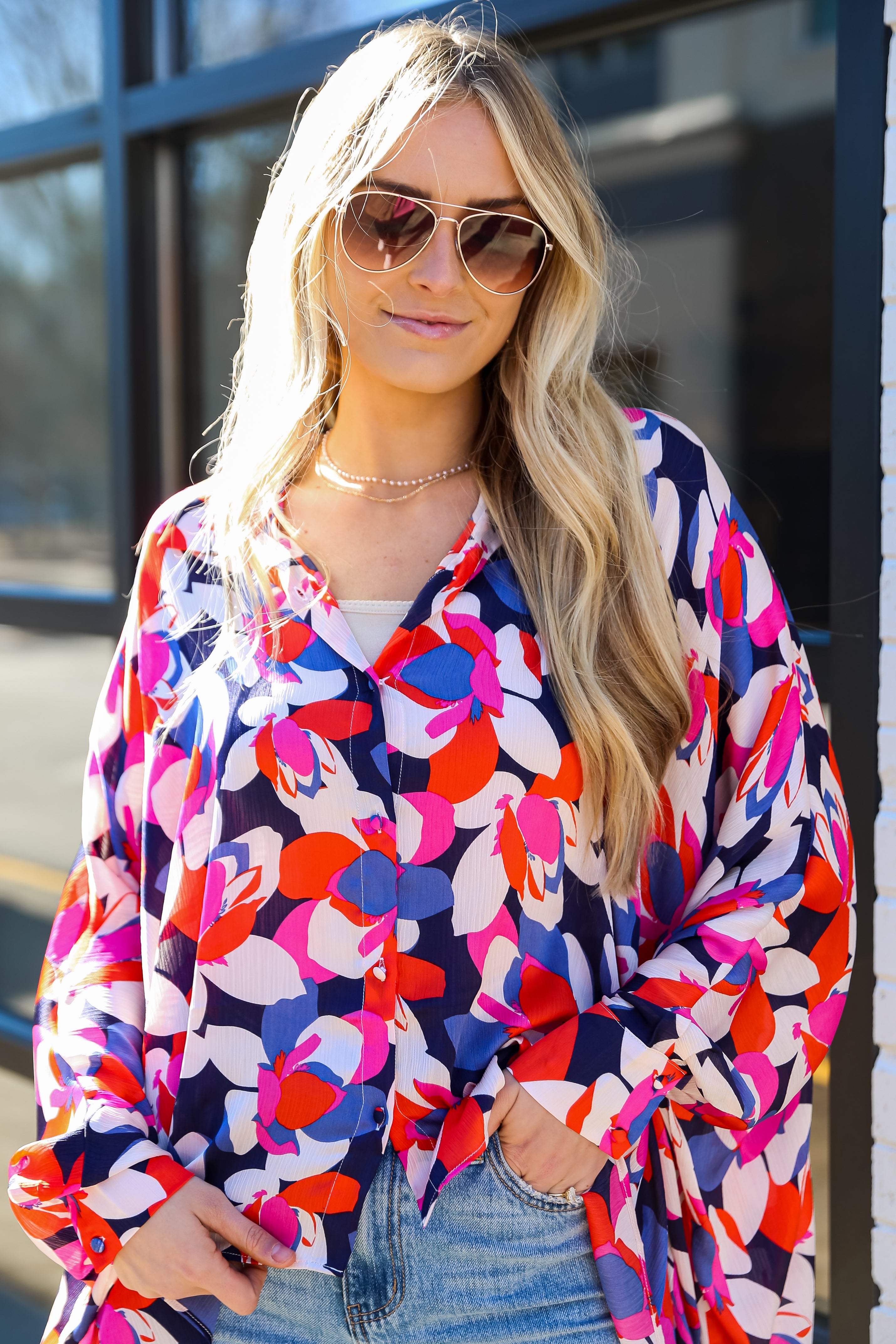 Darling Event Navy Floral Oversized Blouse Women's Fashion Top - Perfect for Casual Outings, Parties & Special Occasions