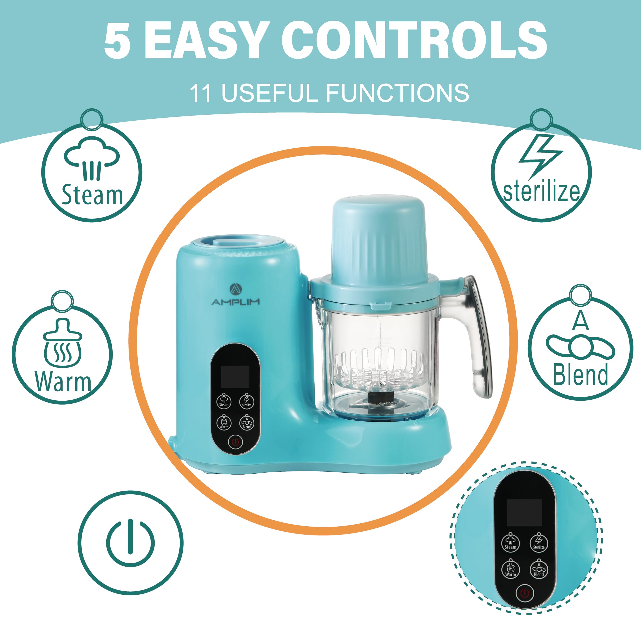 Amplim 6-in-1 Baby Food Maker & Processor with Steamer, Blender, and Puree Function - Smart Control Baby Food Prep Machine for Infants & Toddlers | BPA-Free, Essential Baby Registry Gift | Perfect for Homemade Baby Food, Travel, and Quick Meal Prep (Blue)